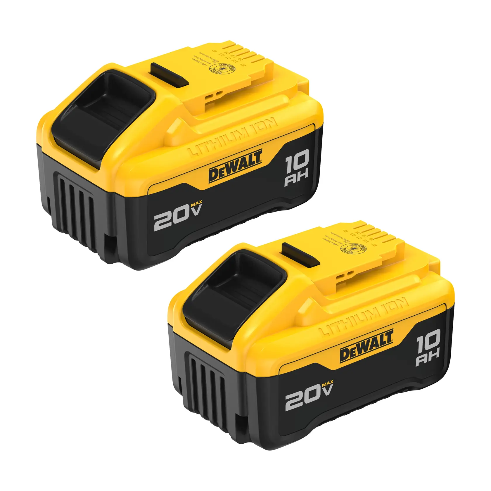 Two DEWALT 20V Max lithium ion batteries, 10Ah, yellow and black, shown side by side on white background.