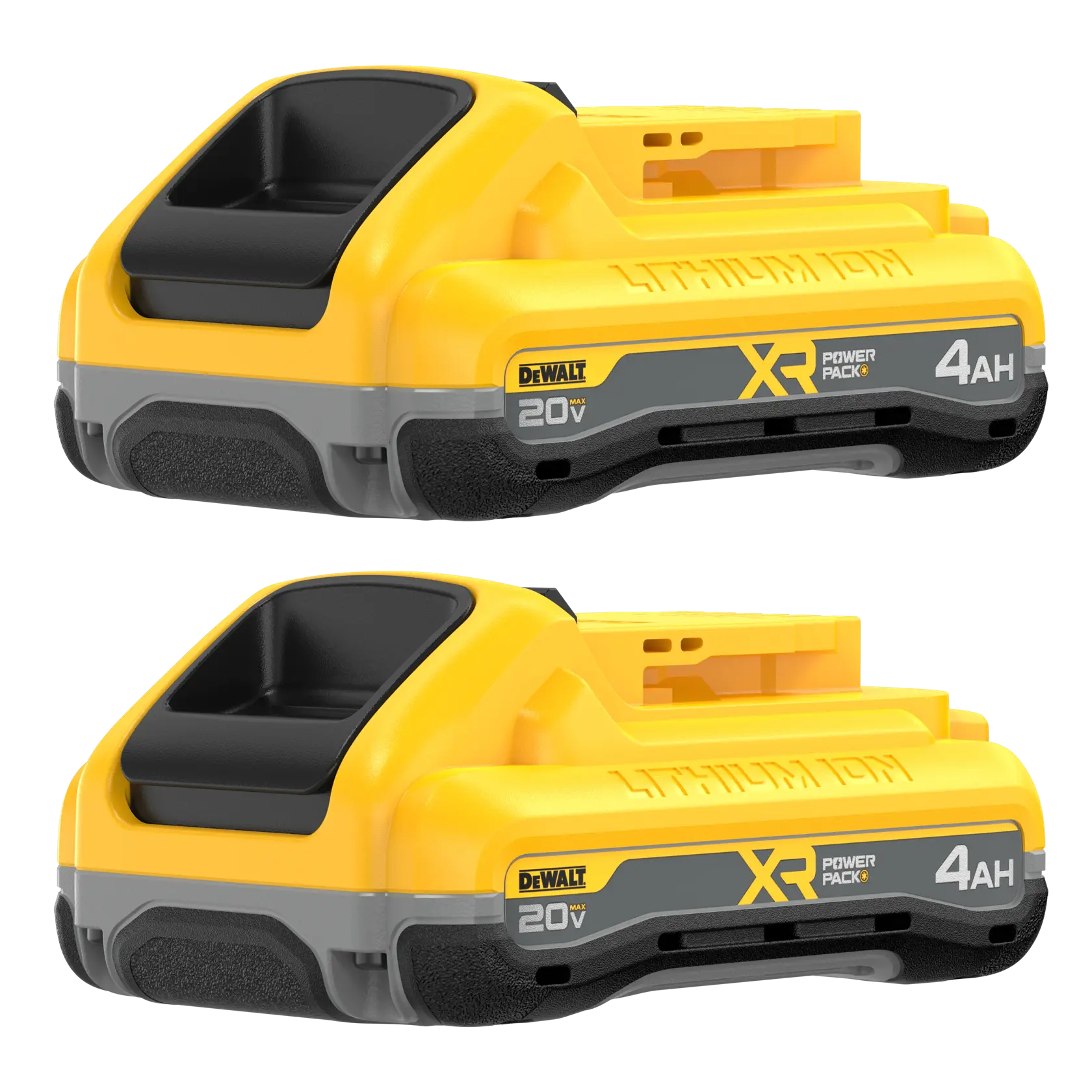 Two DEWALT XR Lithium-Ion 20V 4Ah rechargeable batteries, shown side by side, in yellow and black color.