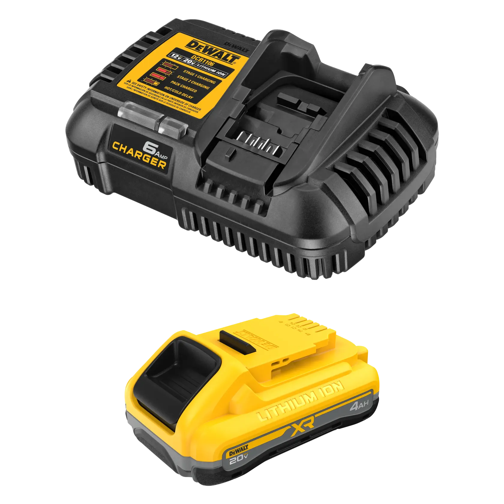 A DEWALT branded product set consisting of a black 6 Amp battery charger and a yellow lithium ion XR 20V 4Ah battery, both shown isolated on a white background.