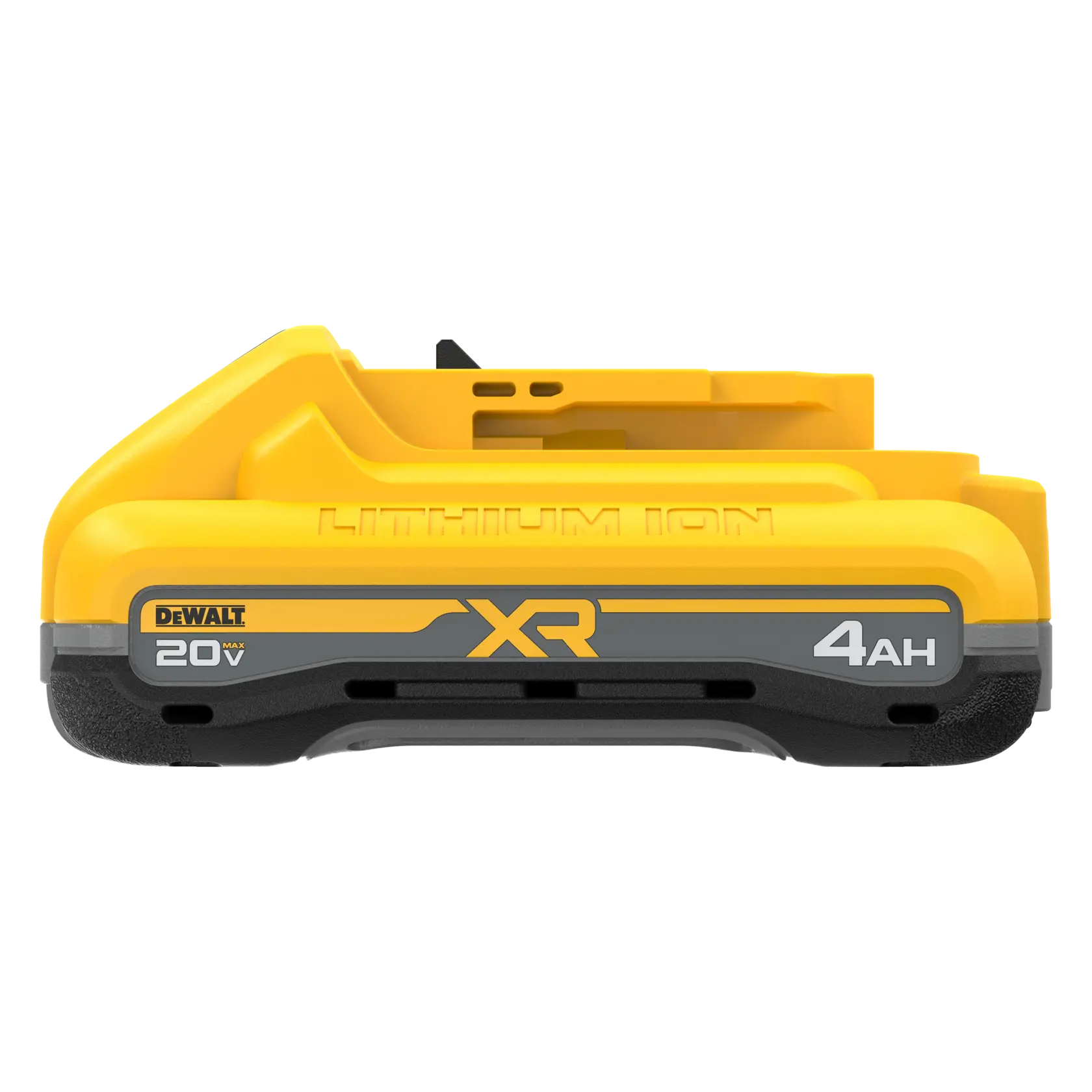 Front view of a DEWALT 20V MAX XR lithium-ion battery with 4 amp-hour capacity, designed for power tools. The battery is yellow and black with brand and model labeling.