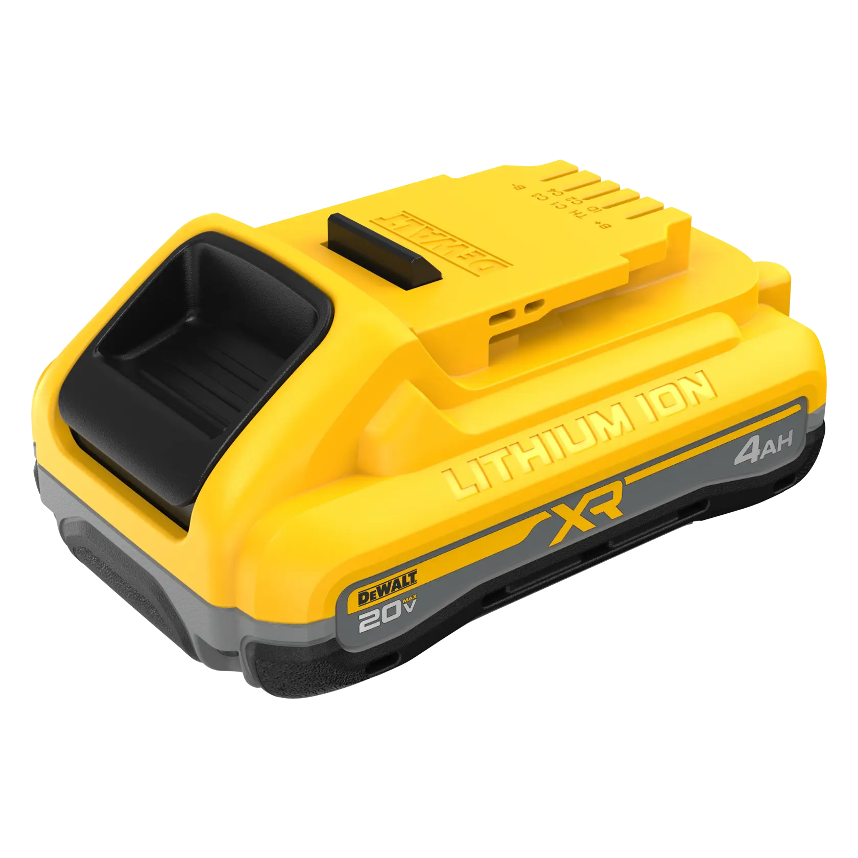 A DEWALT 20V XR Lithium Ion 4Ah battery pack, shown in yellow and black colors with branding and specifications visible on its side.