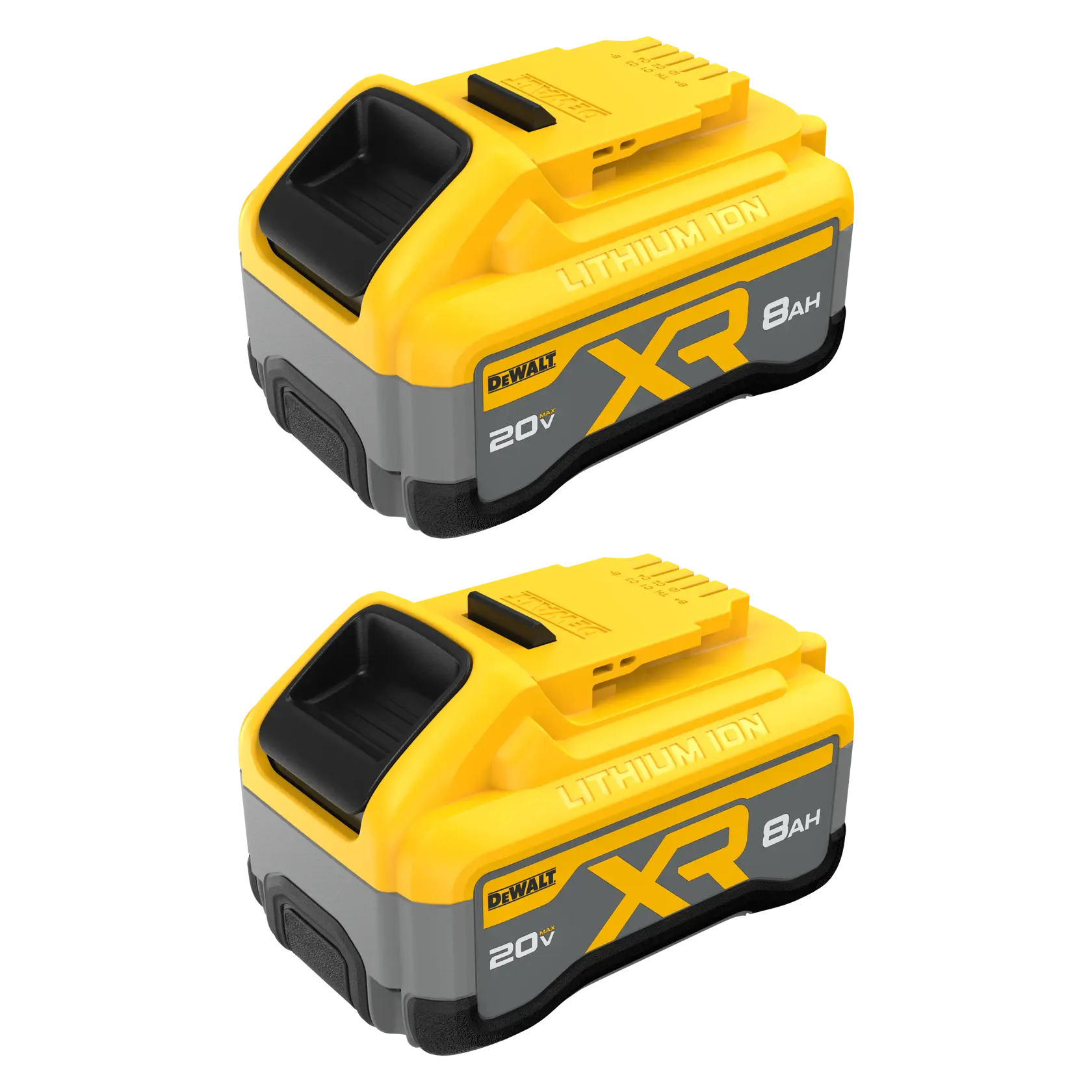 Two DEWALT XR 20V Lithium Ion 8Ah rechargeable batteries, yellow and gray, shown side by side.