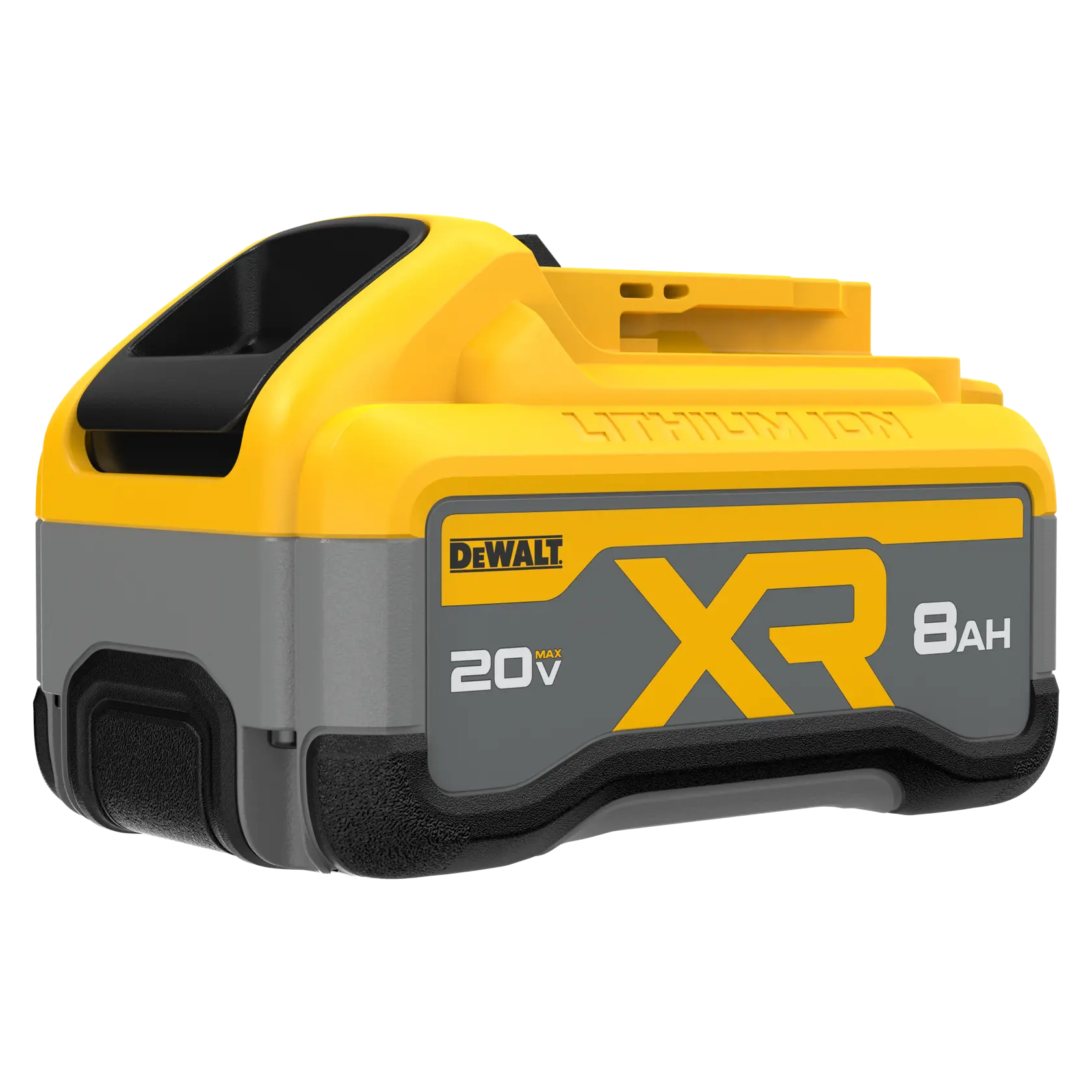 DEWALT XR 20V 8Ah lithium-ion battery pack, yellow and gray, for power tools.