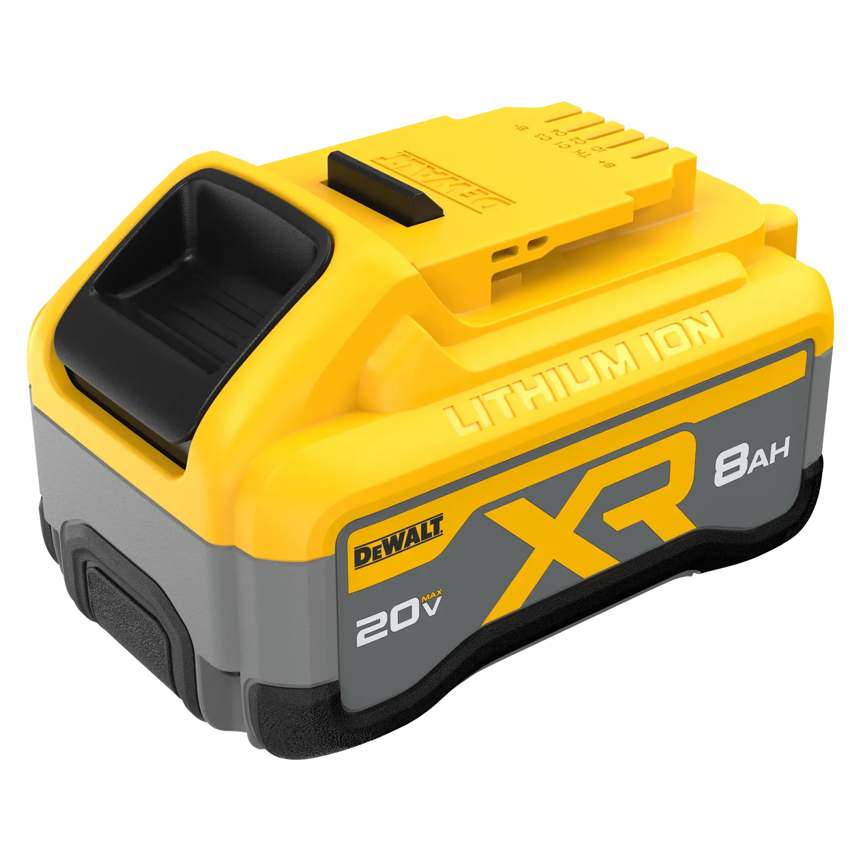 DEWALT 20V XR Lithium-Ion battery, 8Ah capacity, yellow and gray design, side branding visible.
