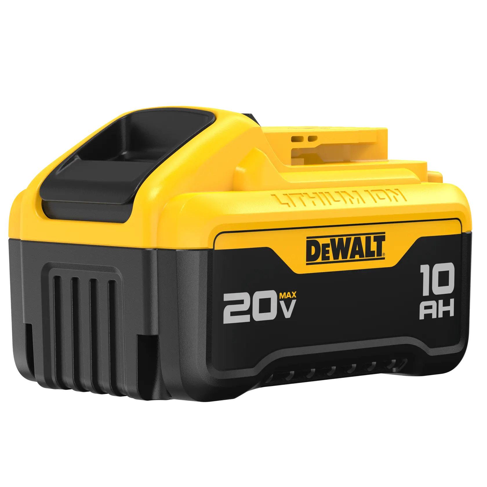 A close-up image of a DEWALT 20V MAX 10Ah lithium-ion battery, showing its yellow and black casing and the DEWALT logo.