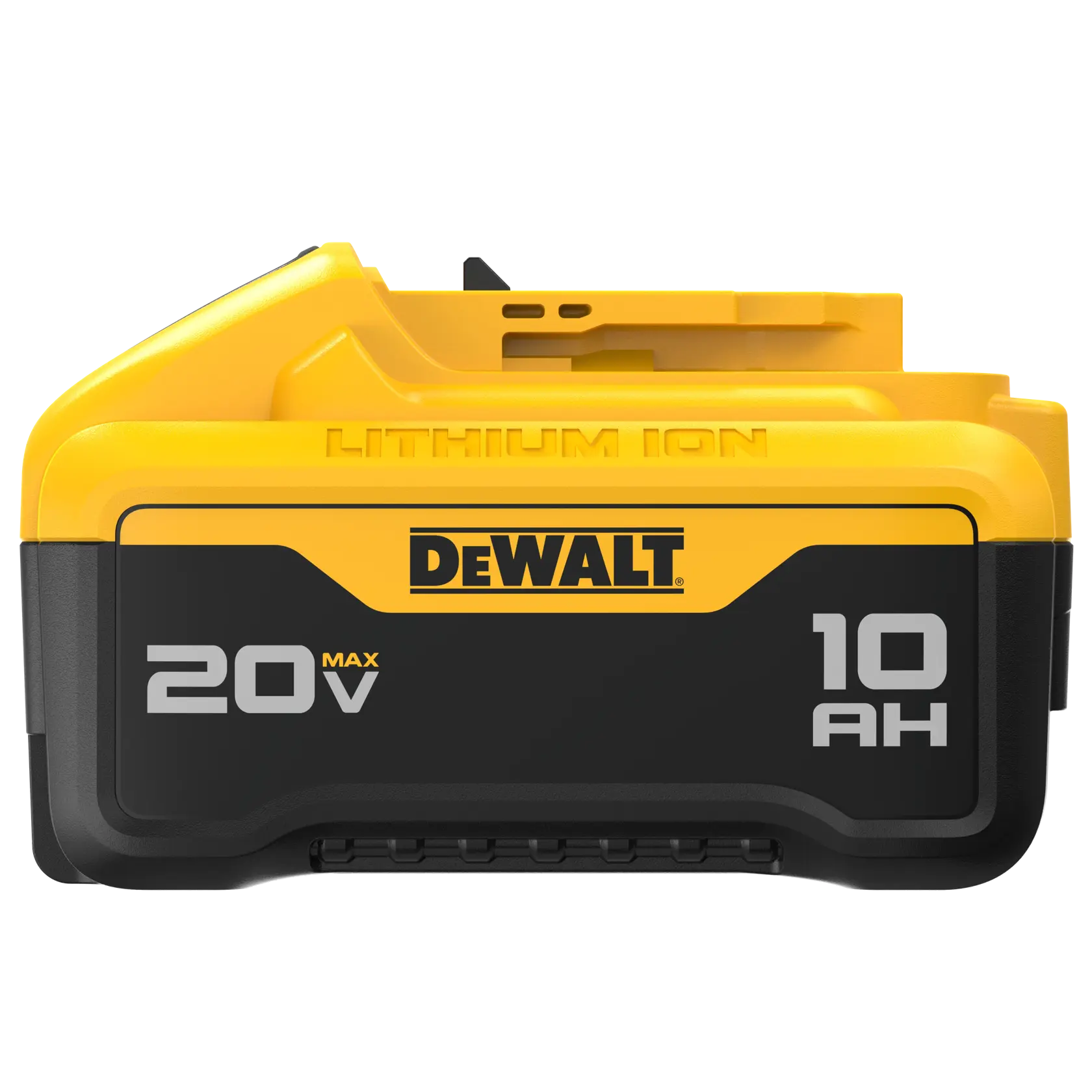 A DEWALT 20V MAX 10Ah lithium-ion battery pack, black and yellow in color, shown from the side with clear branding and specifications on the front.