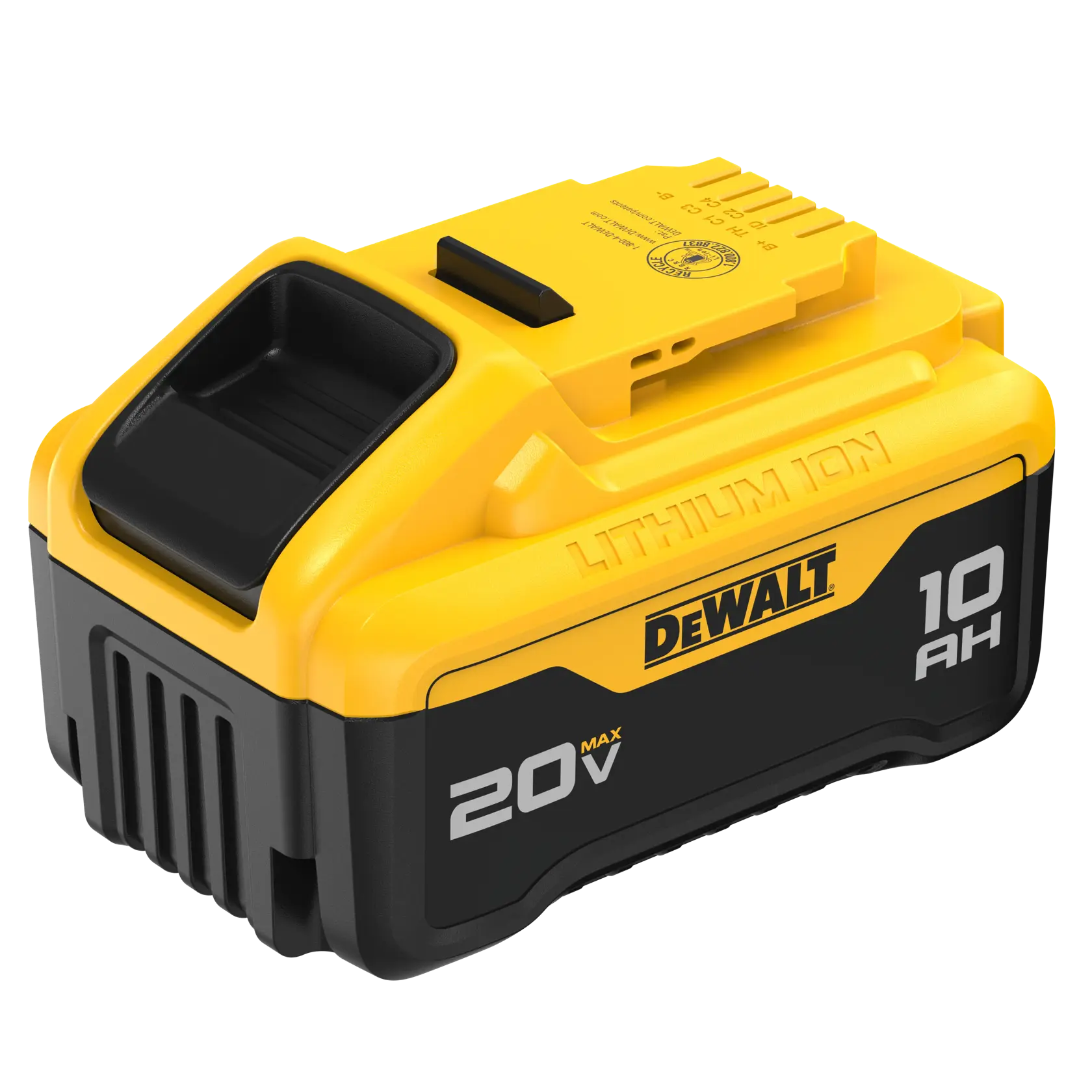 A DEWALT 20V MAX lithium-ion battery pack with a capacity of 10Ah, shown in black and yellow casing.