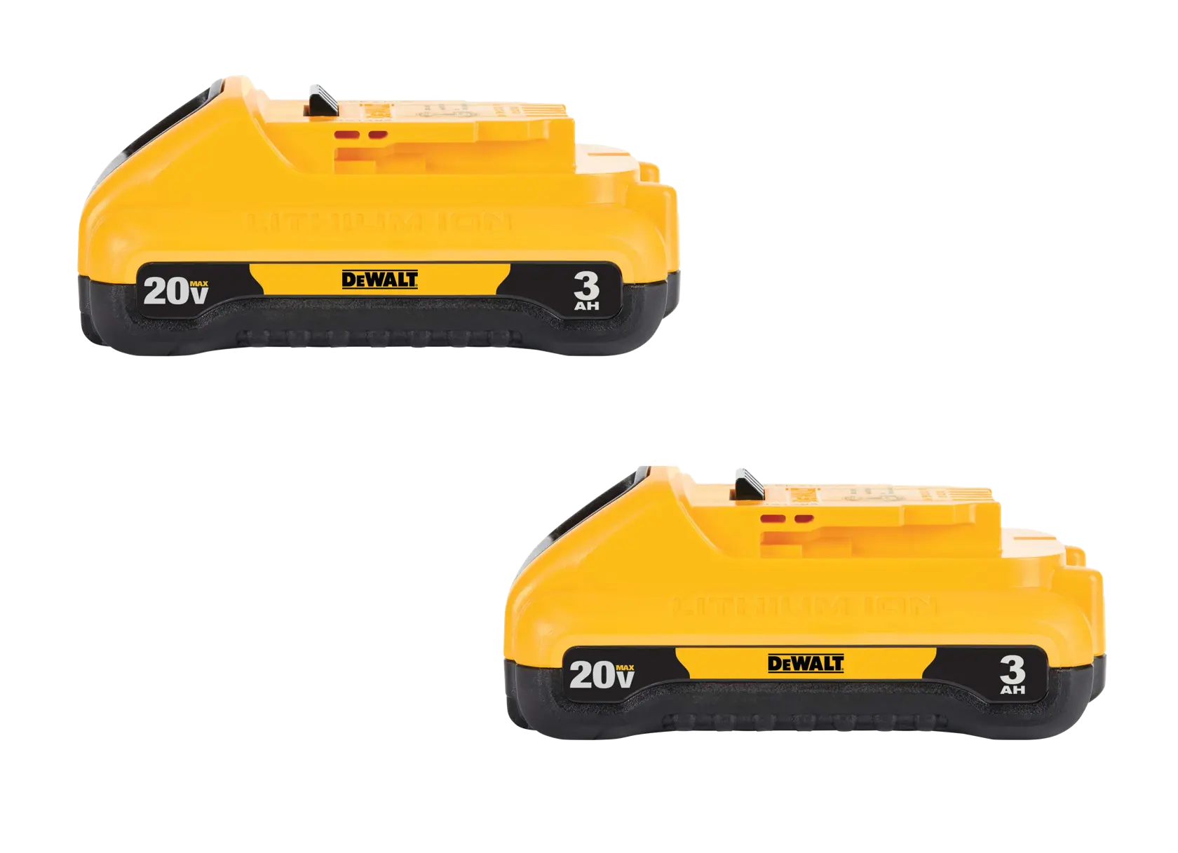 Two DEWALT 20V MAX lithium-ion rechargeable batteries with 3Ah capacity, shown side by side.