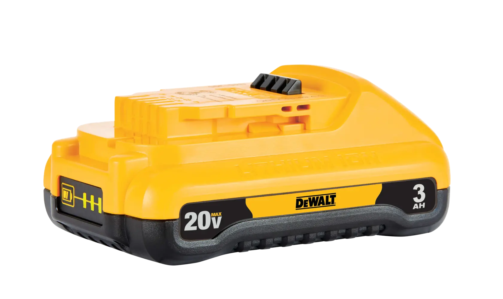 A yellow DEWALT 20V MAX lithium-ion battery pack with 3 amp hours, shown against a white background.