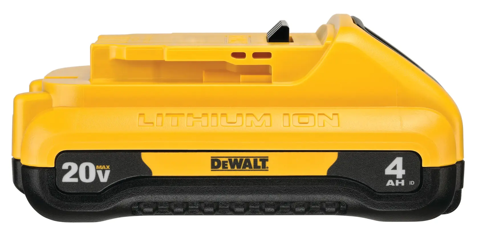 A Dewalt 20V MAX 4Ah lithium-ion battery, yellow and black, viewed from the front.