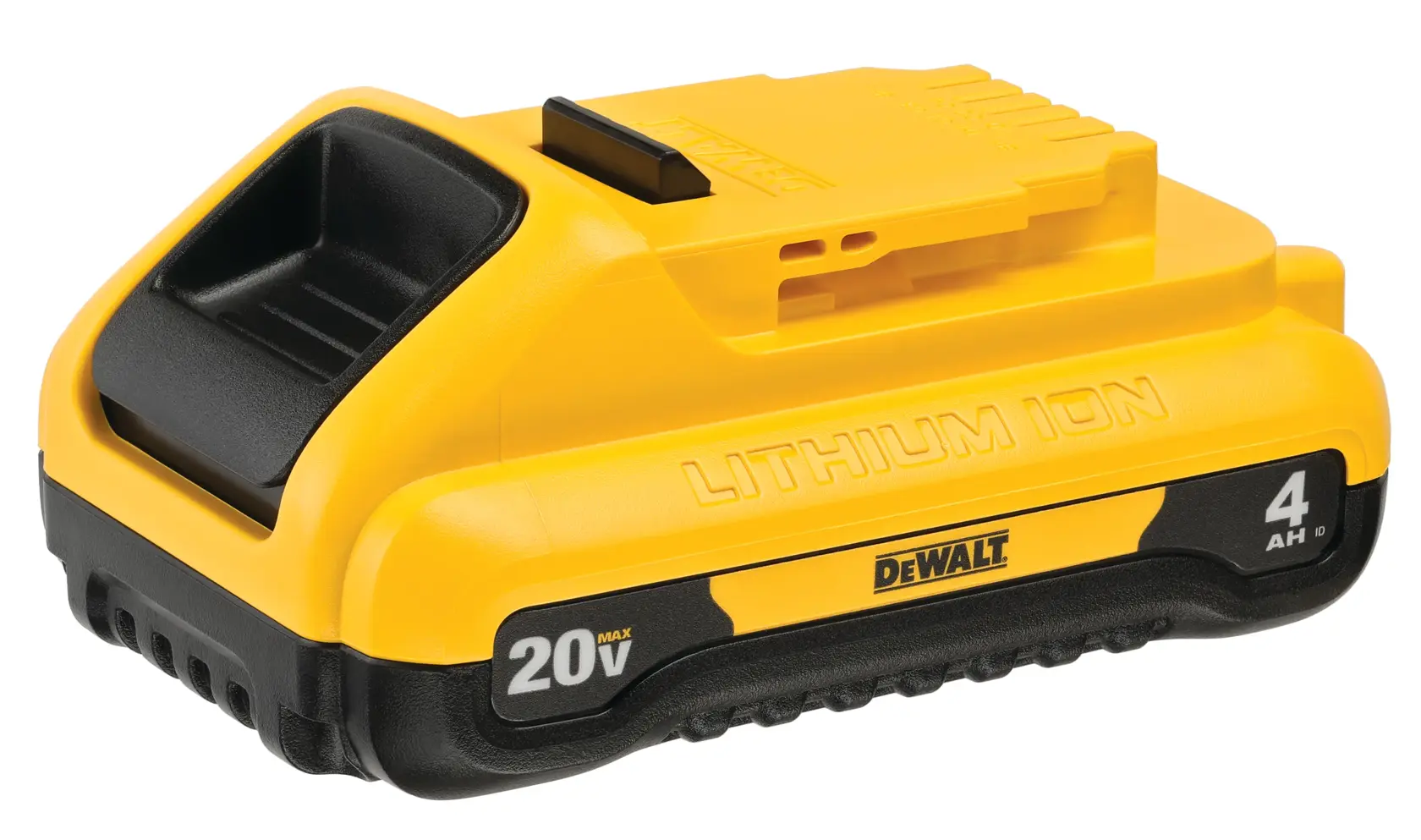 A DEWALT branded 20V lithium ion battery pack, model DCB240, with a yellow and black design and 4 amp hour capacity.