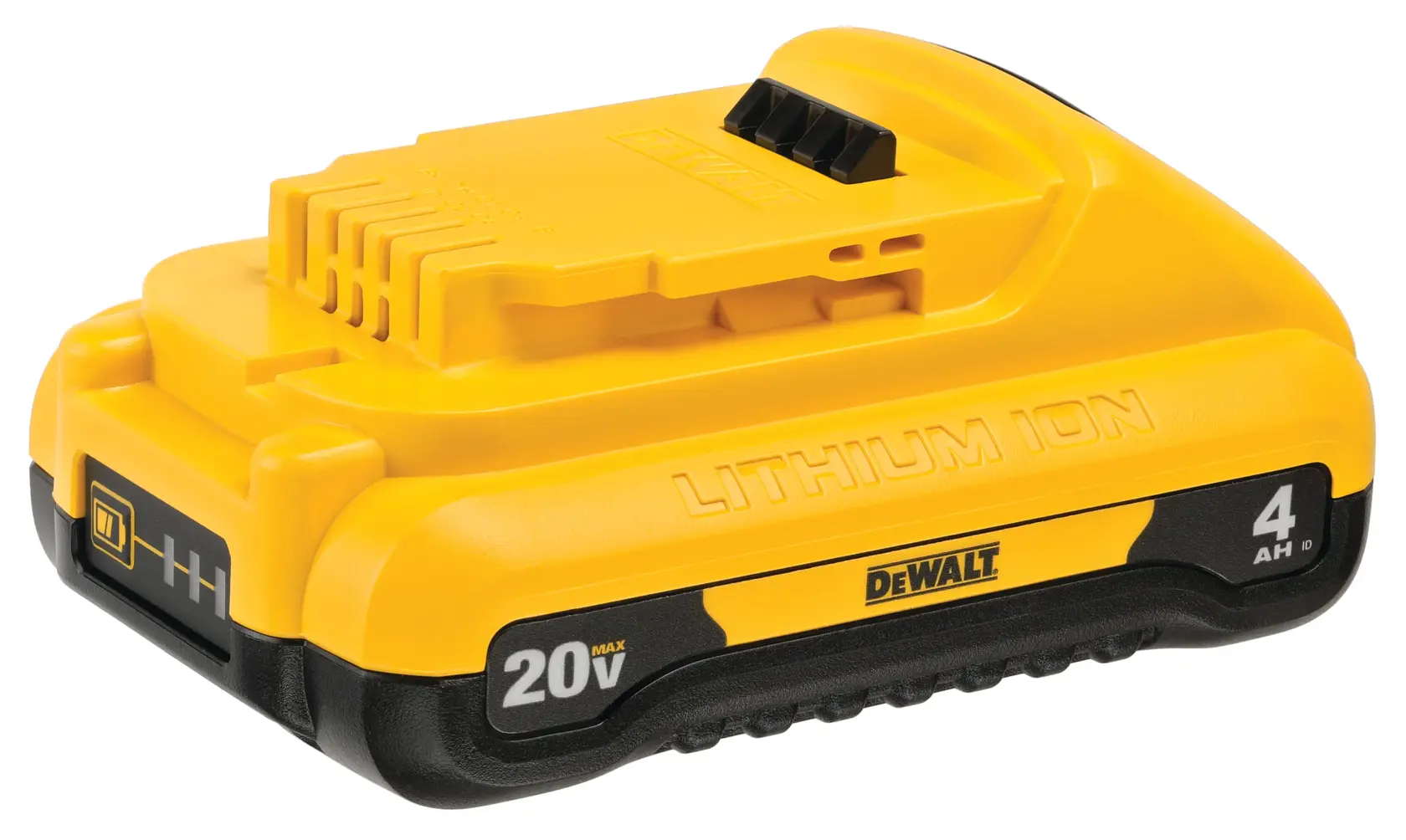 A yellow DEWALT 20V Max 4Ah lithium-ion battery pack designed for cordless power tools.