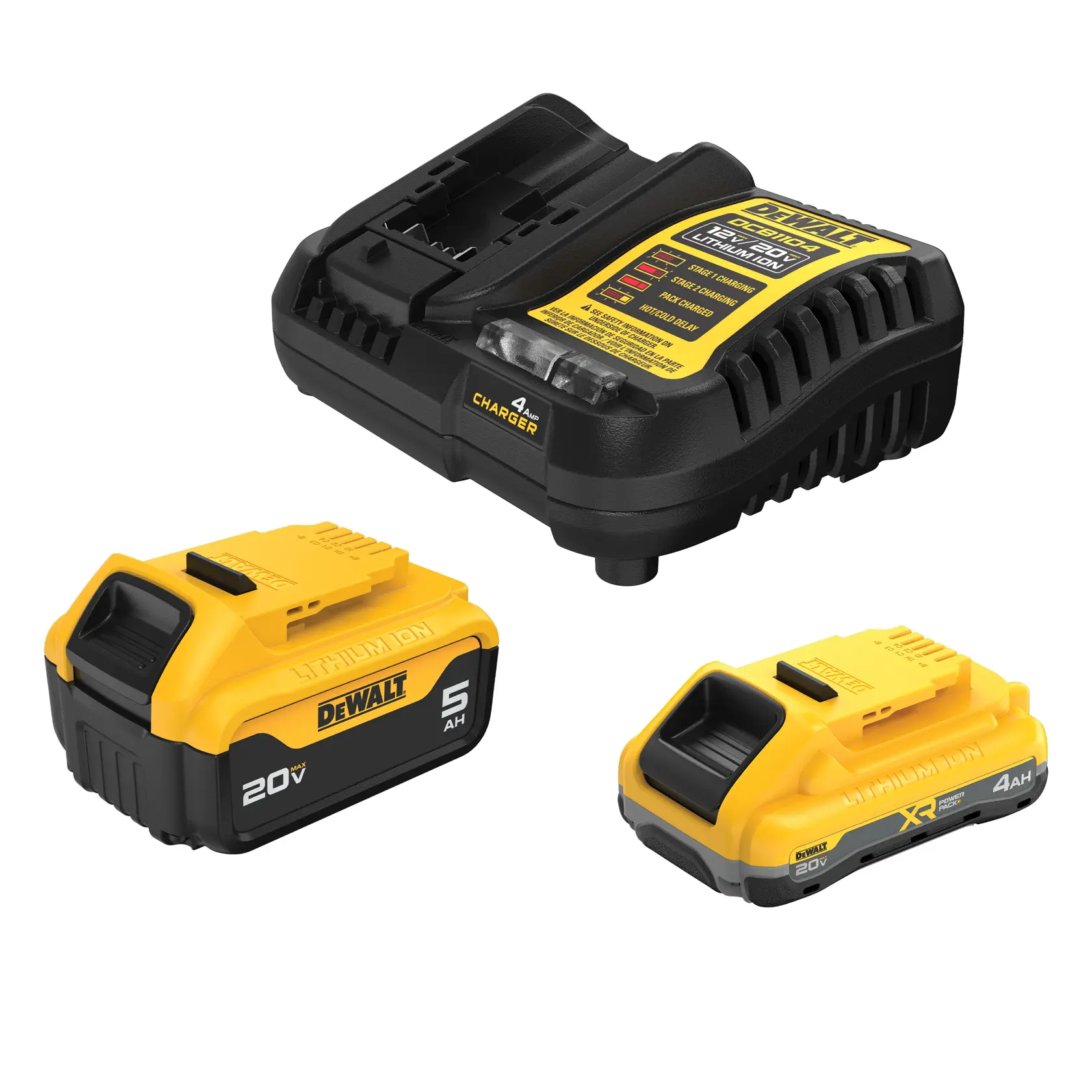 Un ensemble d'accessoires pour outils électriques DEWALT lithium-ion, comprenant un chargeur de batterie noir et jaune, une batterie 20V 5Ah et une batterie 20V XR 4Ah.