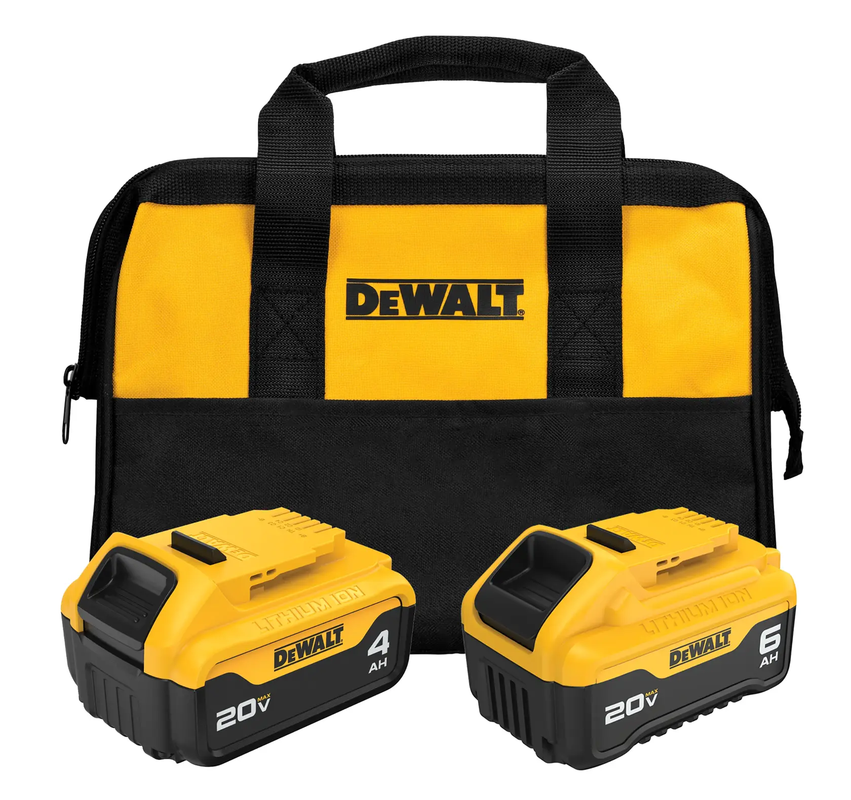 DEWALT set including a yellow and black carrying bag and two 20V lithium-ion batteries, one 4Ah and one 6Ah.