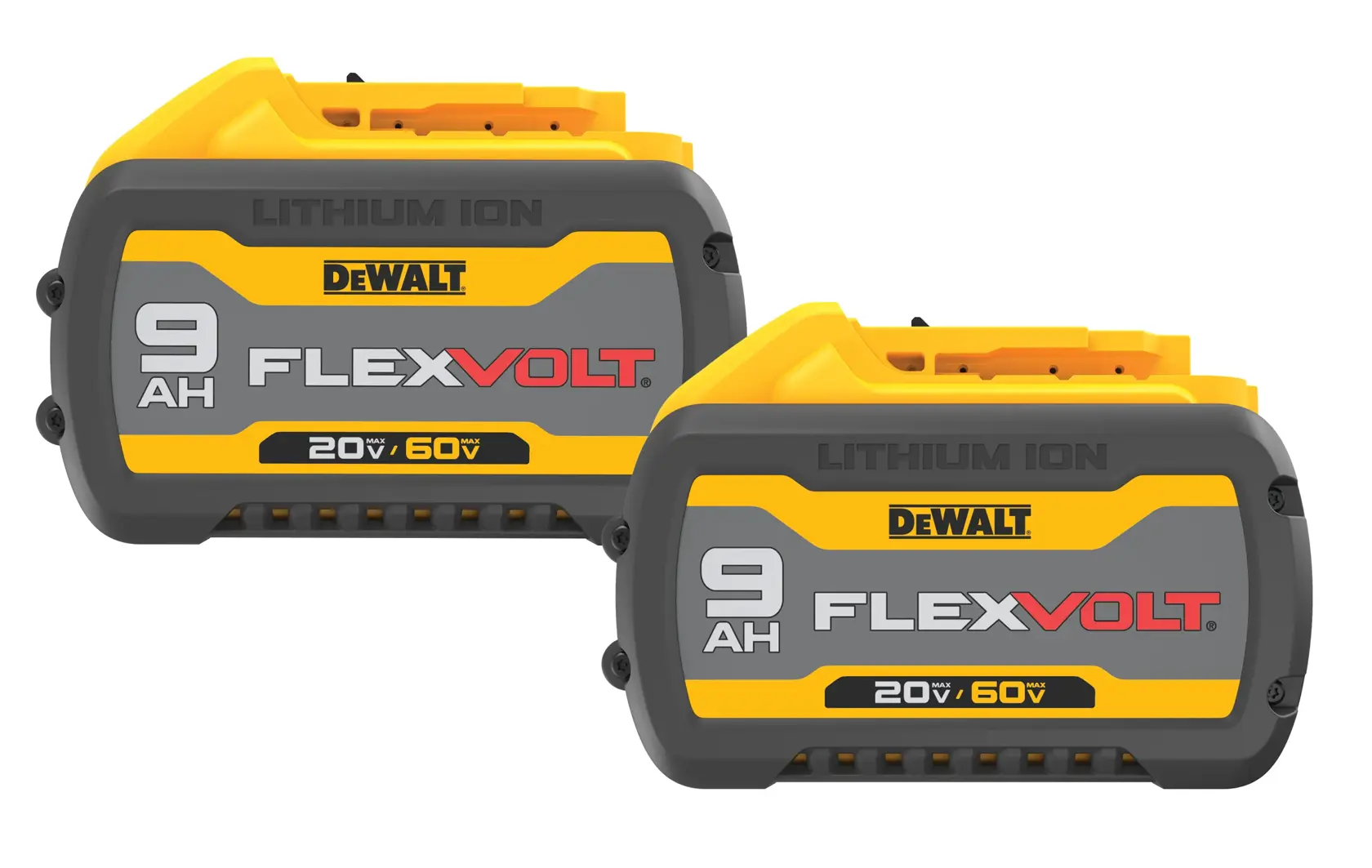 Two DEWALT FLEXVOLT lithium ion batteries, model DCB609, each with a capacity of 9 amp hours and compatible with 20V and 60V tools.
