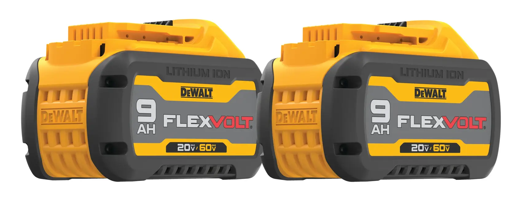 Two DEWALT FlexVolt lithium-ion batteries with 9 amp hours capacity, featuring yellow and black design and labeled for 20V/60V tools.