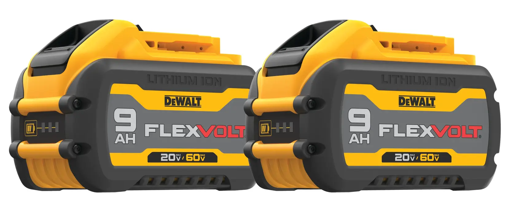 Two DEWALT FLEXVOLT 9Ah lithium-ion batteries for power tools, shown side by side with yellow and black casing and product labeling indicating 20V/60V compatibility.
