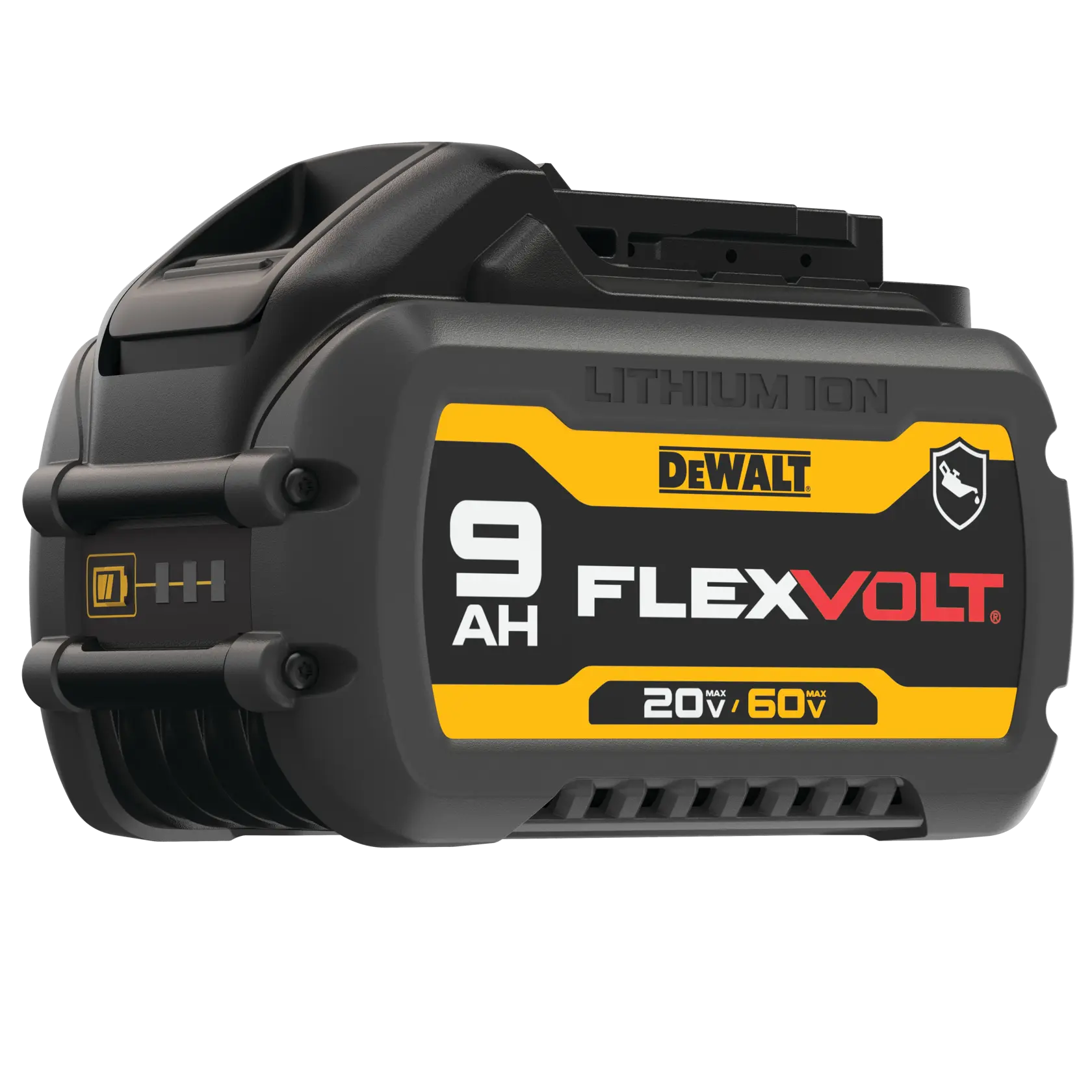 A DEWALT FLEXVOLT lithium-ion battery with 9 amp hours capacity, labeled 20V/60V MAX, shown in close-up view.