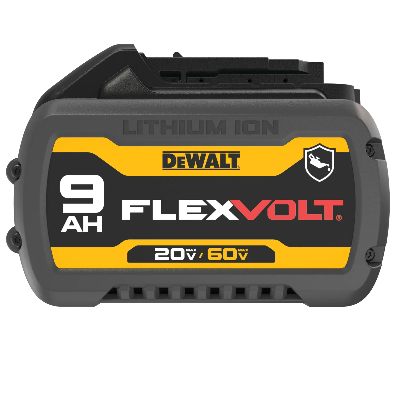 A DEWALT FLEXVOLT 9Ah lithium-ion battery with a black and yellow design. The label indicates it provides up to 20V or 60V depending on the tool. The battery is intended for power tools.