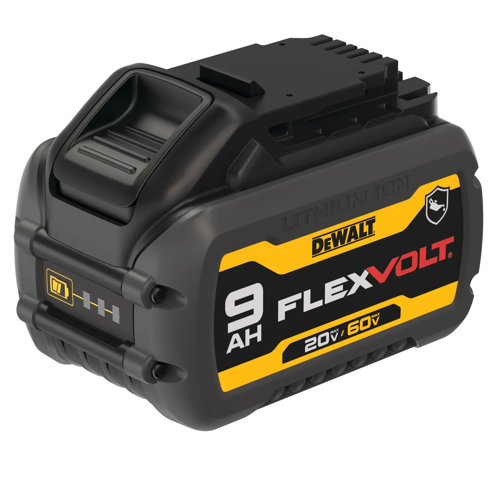 A DEWALT FLEXVOLT 9 AH lithium-ion battery pack, displaying yellow and black branding details and voltage specifications of 20V and 60V.