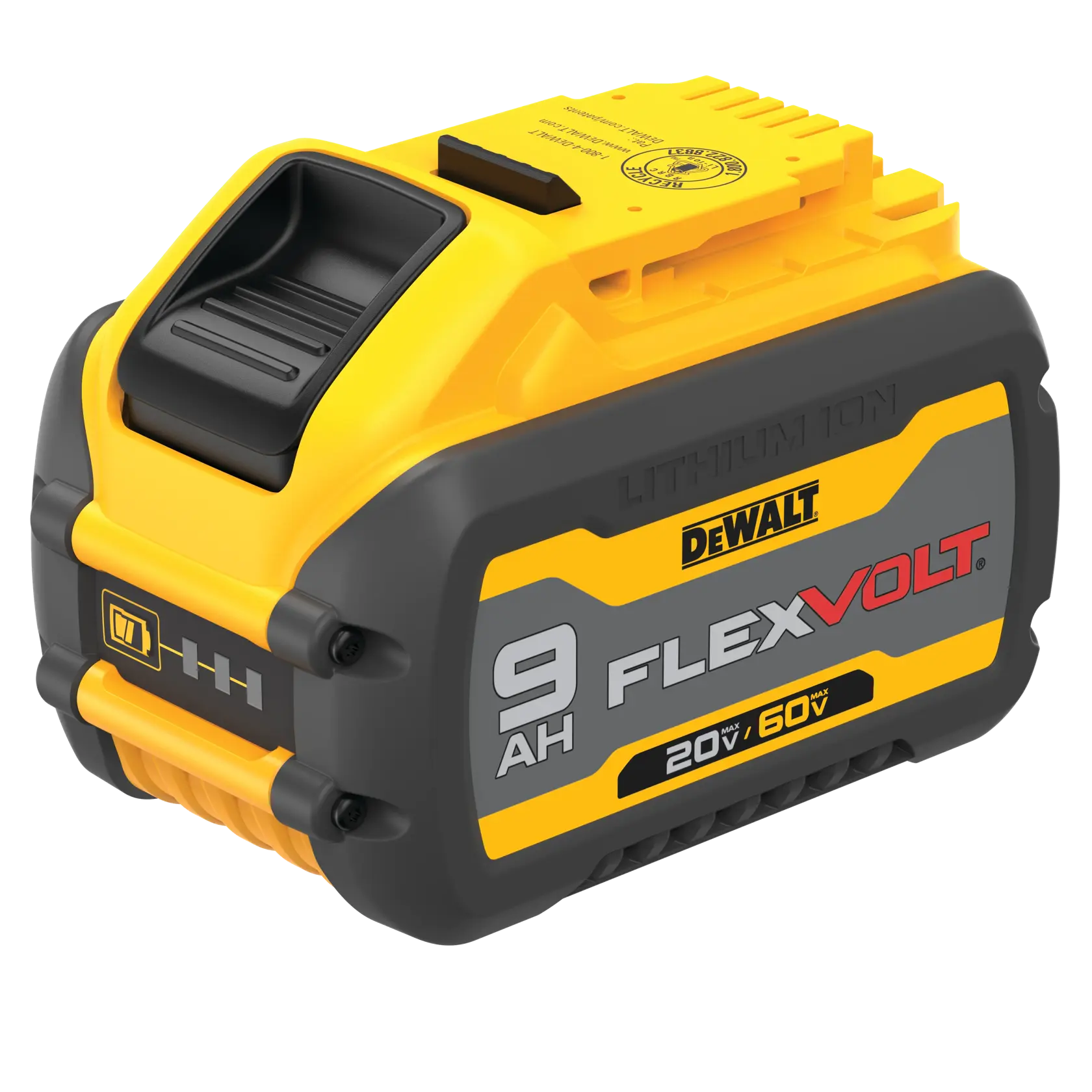 DEWALT FLEXVOLT 9Ah 20V/60V lithium ion battery pack for power tools, shown in yellow and black.
