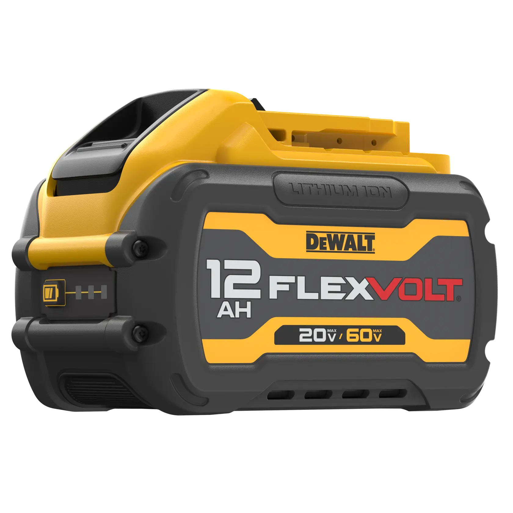 Une batterie lithium-ion DEWALT FLEXVOLT 12AH, modèle DCB6112, au design jaune et noir. L'étiquette indique une compatibilité avec 20V et 60V.