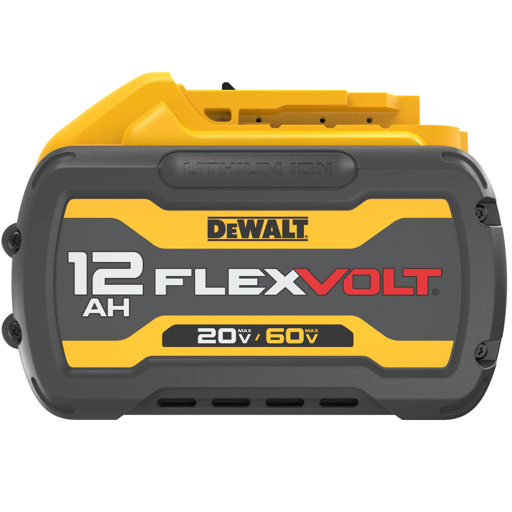 Gros plan sur une batterie lithium-ion DEWALT FLEXVOLT 12AH, montrant les détails du produit dont les valeurs de tension 20V Max et 60V Max.
