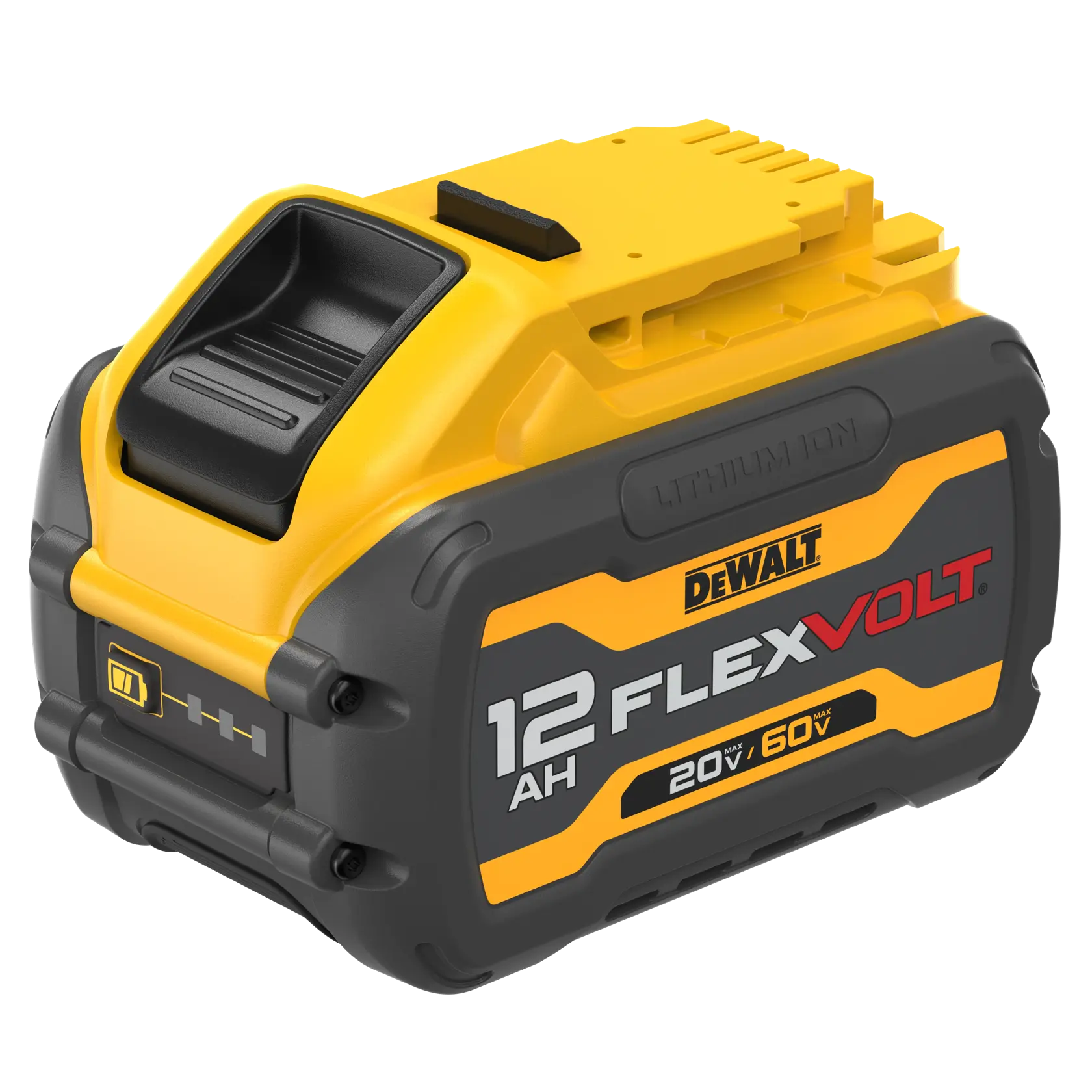 Une batterie au lithium-ion DEWALT FLEXVOLT de 12AH avec un design jaune et noir, étiquetée pour une puissance maximale de 20V/60V.