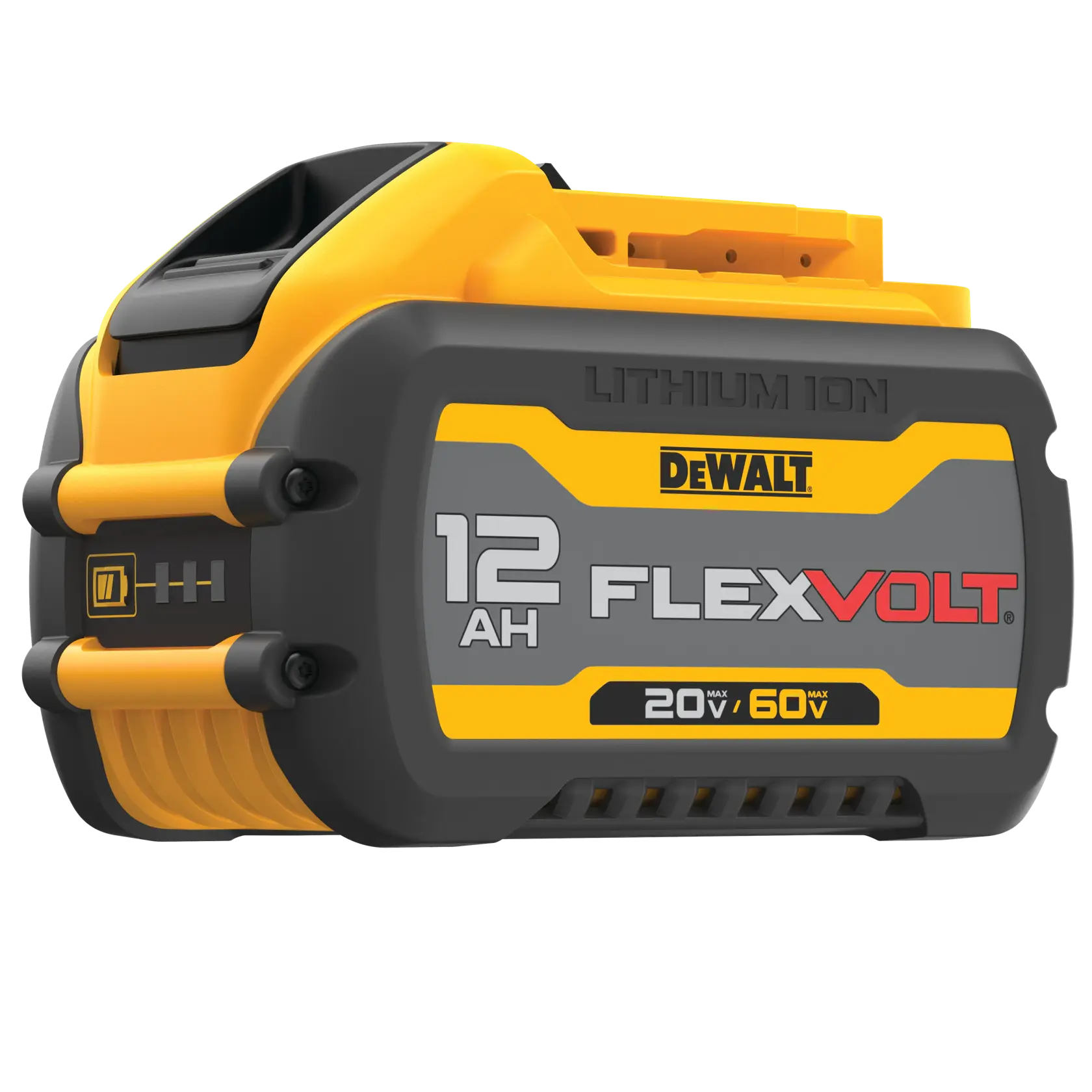 A DEWALT FlexVolt lithium-ion battery with a capacity of 12 amp-hours, showing model DCB612. The battery is yellow and black, and marked with 20V/60V maximum voltage ratings.