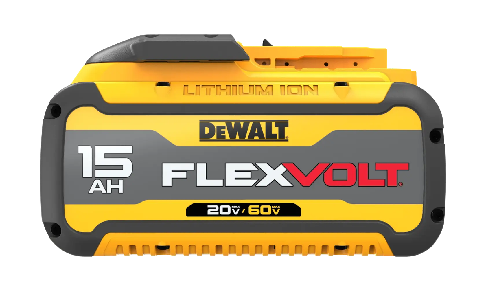 DEWALT FLEXVOLT lithium ion battery pack with 15 amp hour capacity, shown in yellow and gray with label indicating compatibility for 20V or 60V tools.