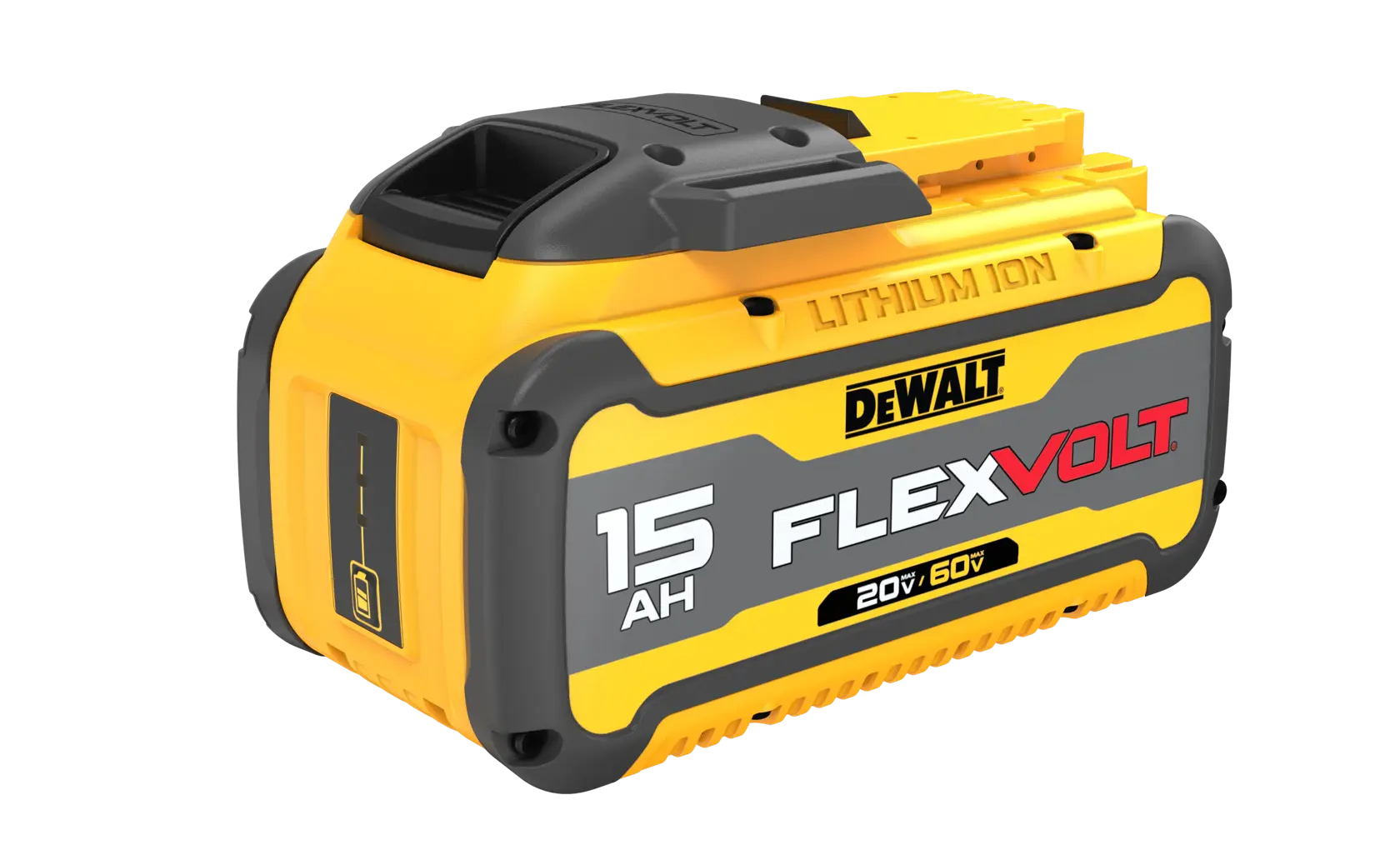 A DEWALT FLEXVOLT 15Ah lithium-ion battery pack, model DCB615, with a black, yellow, and gray design. The label indicates it supports 20V/60V for power tools.
