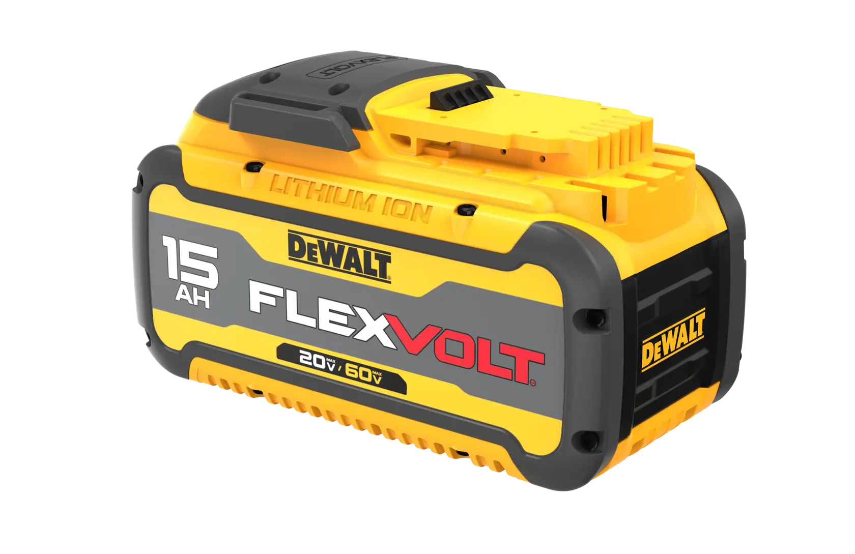 A DEWALT FLEXVOLT 20V/60V 15Ah lithium-ion battery pack, designed for power tools. The battery is yellow and black with the DEWALT logo, product specifications, and FLEXVOLT branding visible on the side.