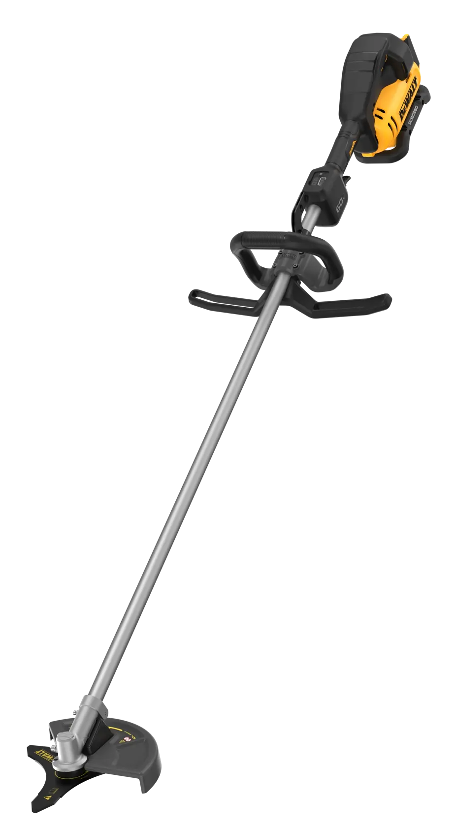 A DEWALT cordless string trimmer with a yellow and black motor housing, long silver shaft, and black handle. The tool is designed for trimming grass and vegetation.