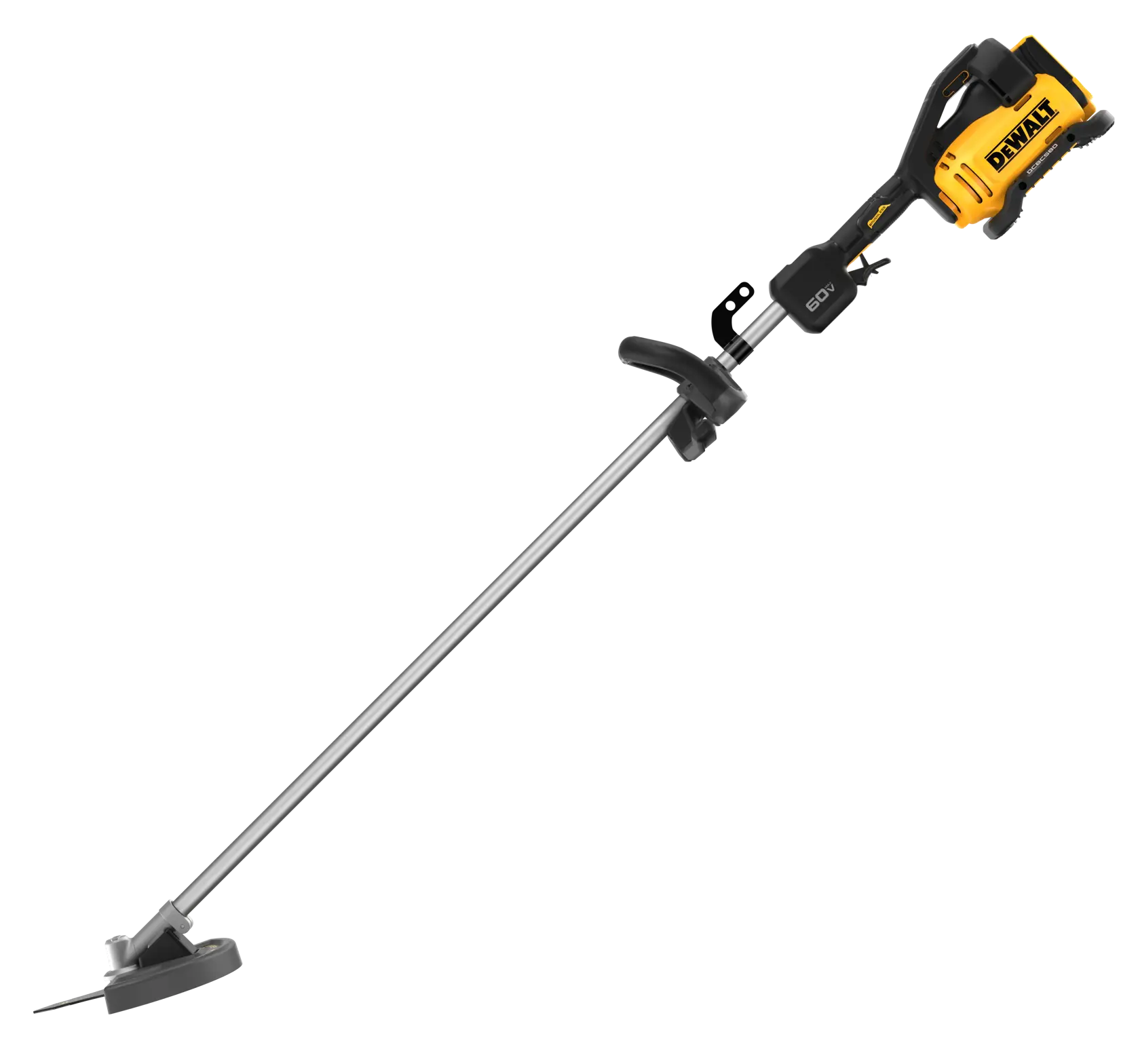 A DEWALT battery-powered string trimmer with a yellow and black motor housing, a long silver shaft, and a black handle.