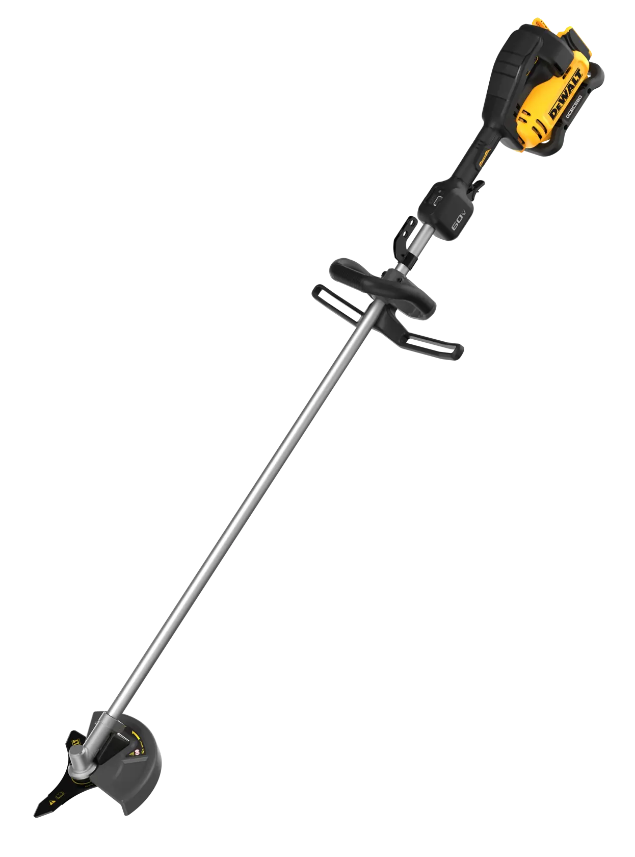 A DEWALT cordless brush cutter with a long silver shaft, ergonomic black handle, and yellow motor housing.