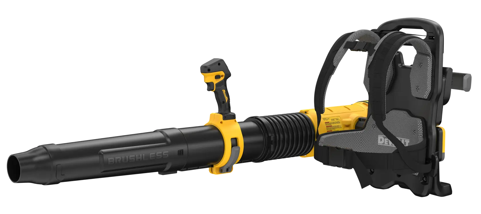 A DEWALT cordless brushless backpack blower with yellow and black color scheme. The blower features a large tube and ergonomic shoulder harness for comfort, suitable for outdoor leaf and debris clearing.