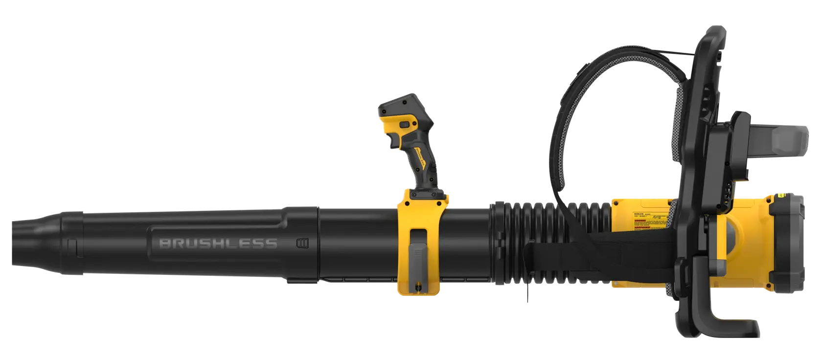 A DEWALT cordless brushless leaf blower with a black and yellow design, shown from the side. The tool features a pistol grip handle, shoulder strap attachment, and extended nozzle for outdoor cleaning tasks.