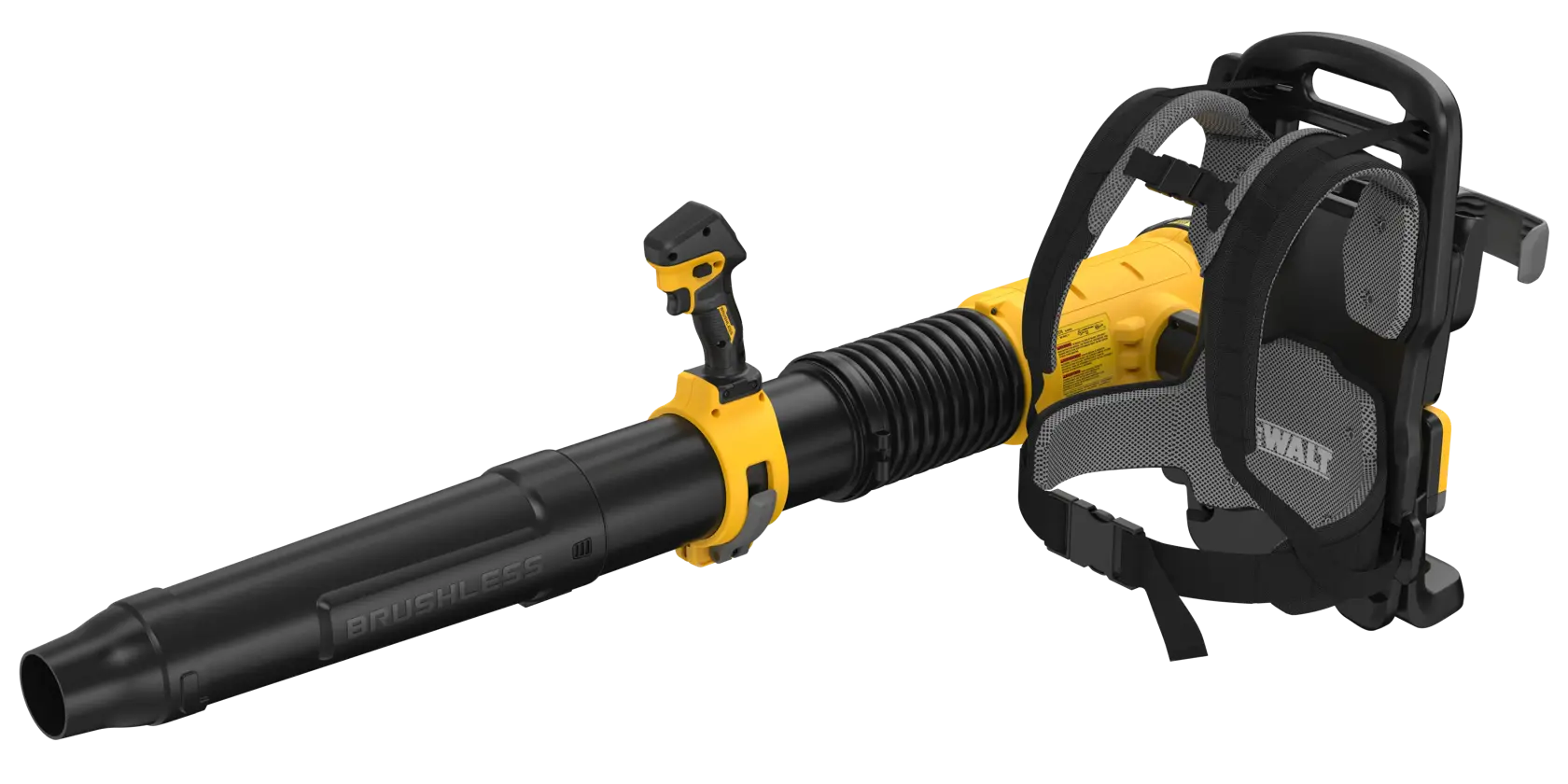 A DEWALT backpack leaf blower with a brushless motor, featuring a black and yellow design with a padded harness for comfortable carrying.