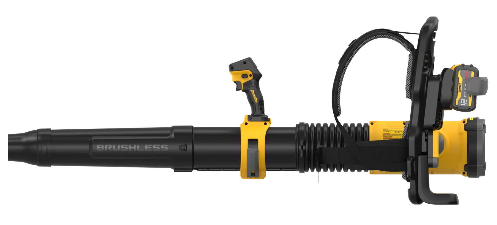 A DEWALT cordless leaf blower with a brushless motor, featuring a black and yellow design, ergonomic handle, and shoulder strap.
