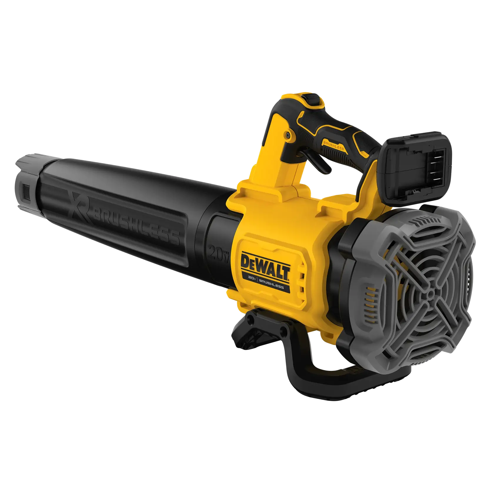 A DEWALT cordless leaf blower with a brushless motor, featuring a yellow and black design. The blower has a handle with a trigger, an air intake grid, and a slot for a rechargeable battery.