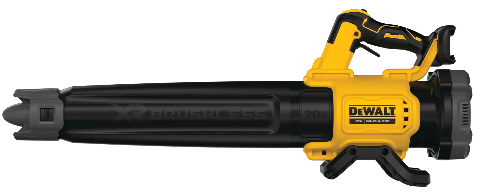 A DEWALT 20V XR brushless cordless leaf blower with a yellow and black design, side view showing the handle, trigger, nozzle, and branding.