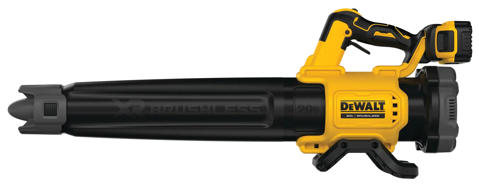 A DEWALT cordless leaf blower, model DCBL722P1, featuring a yellow and black design, with the battery attached at the back.