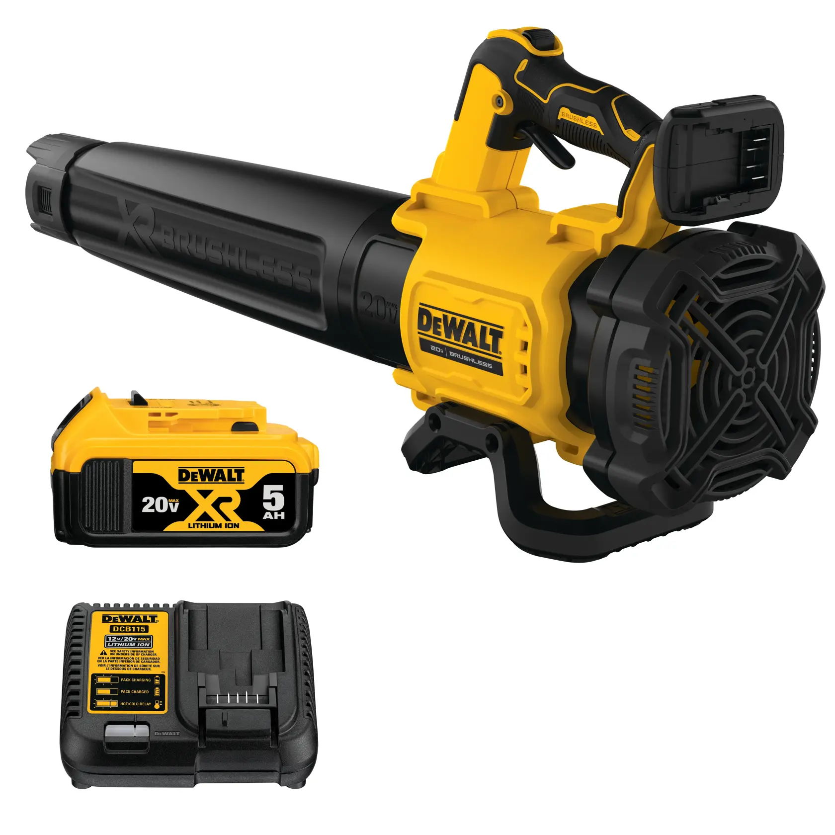 A DEWALT 20V XR Brushless cordless leaf blower, featuring a yellow and black design, with a battery attached near the handle.