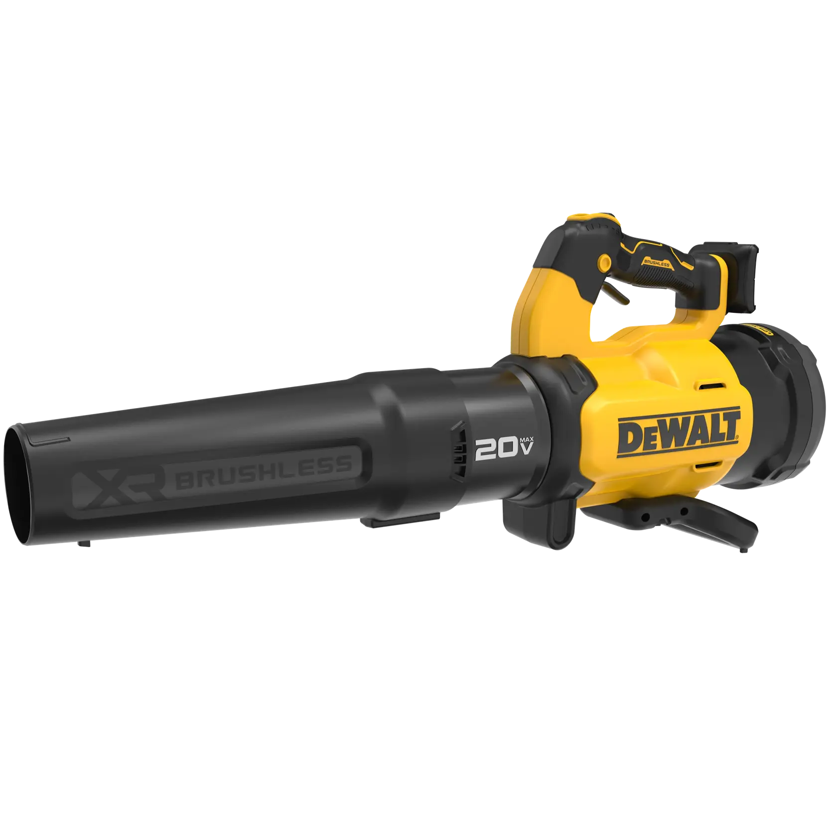 A DEWALT XR Brushless 20V cordless leaf blower with a yellow and black design, showing the brand logo and handle.