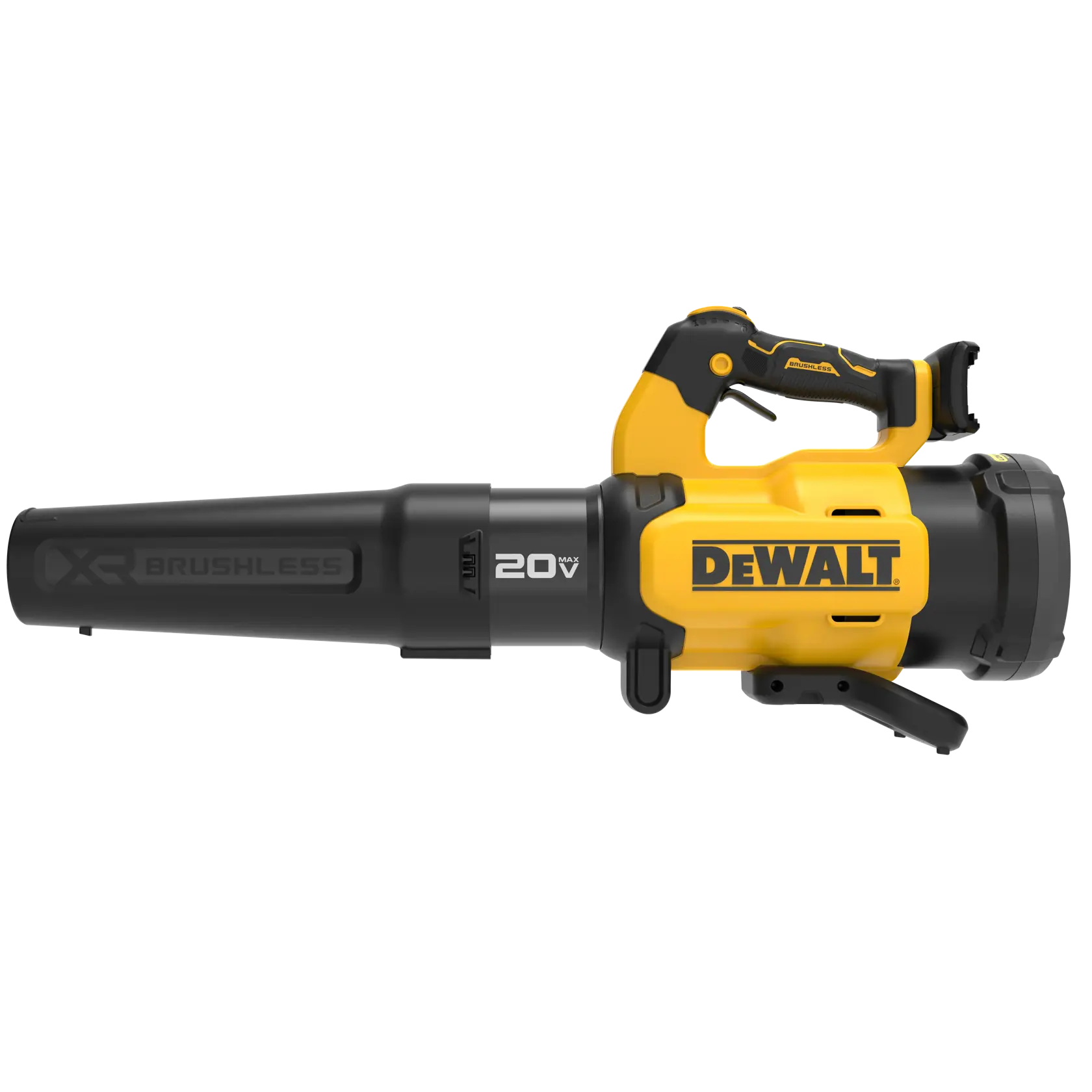 A DEWALT 20V Max XR Brushless cordless leaf blower, featuring a yellow and black design with a comfortable handle, displayed from the side.