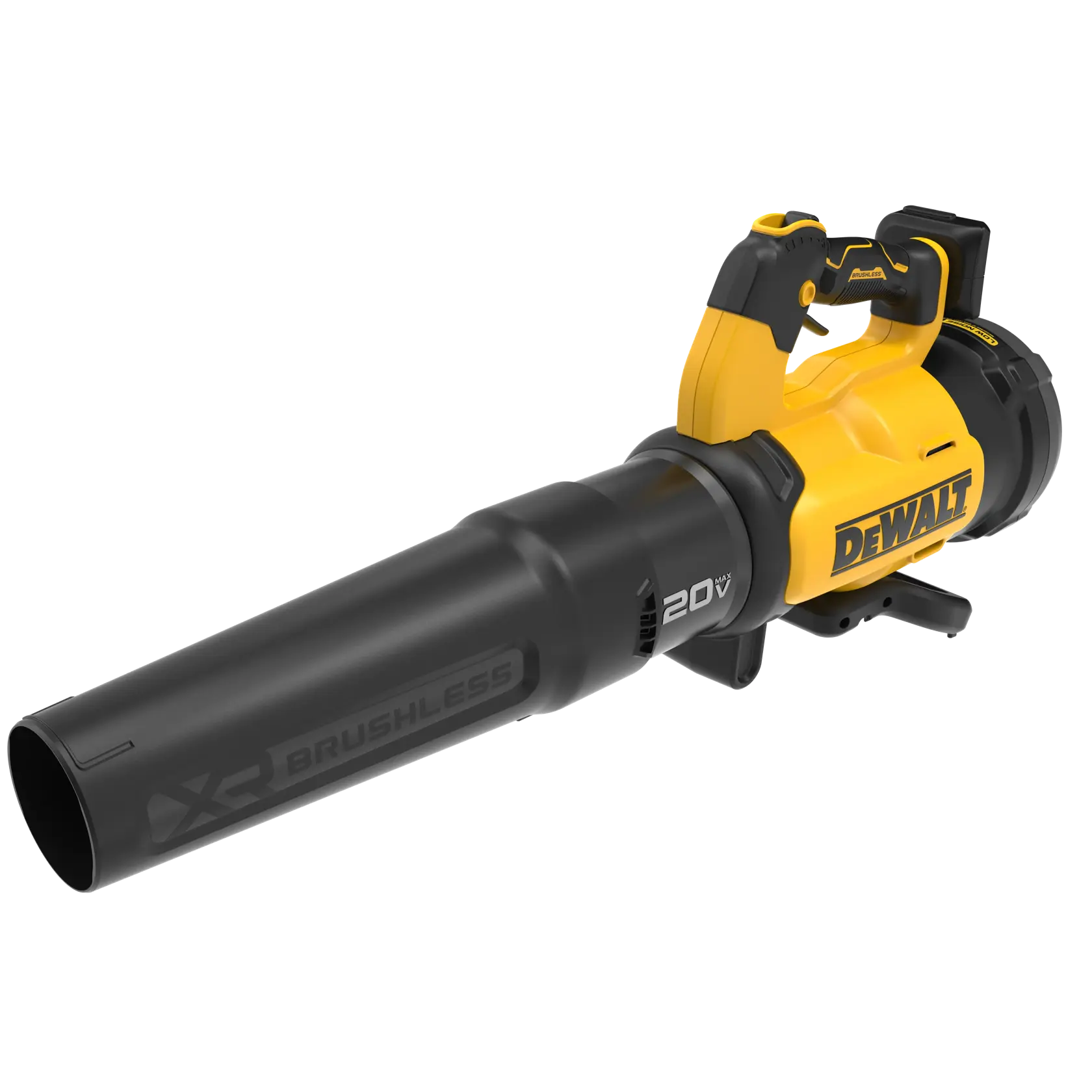 A cordless, handheld DEWALT leaf blower with a yellow and black design. The tool features a brushless motor and is labeled as 20V XR for extended runtime and performance.