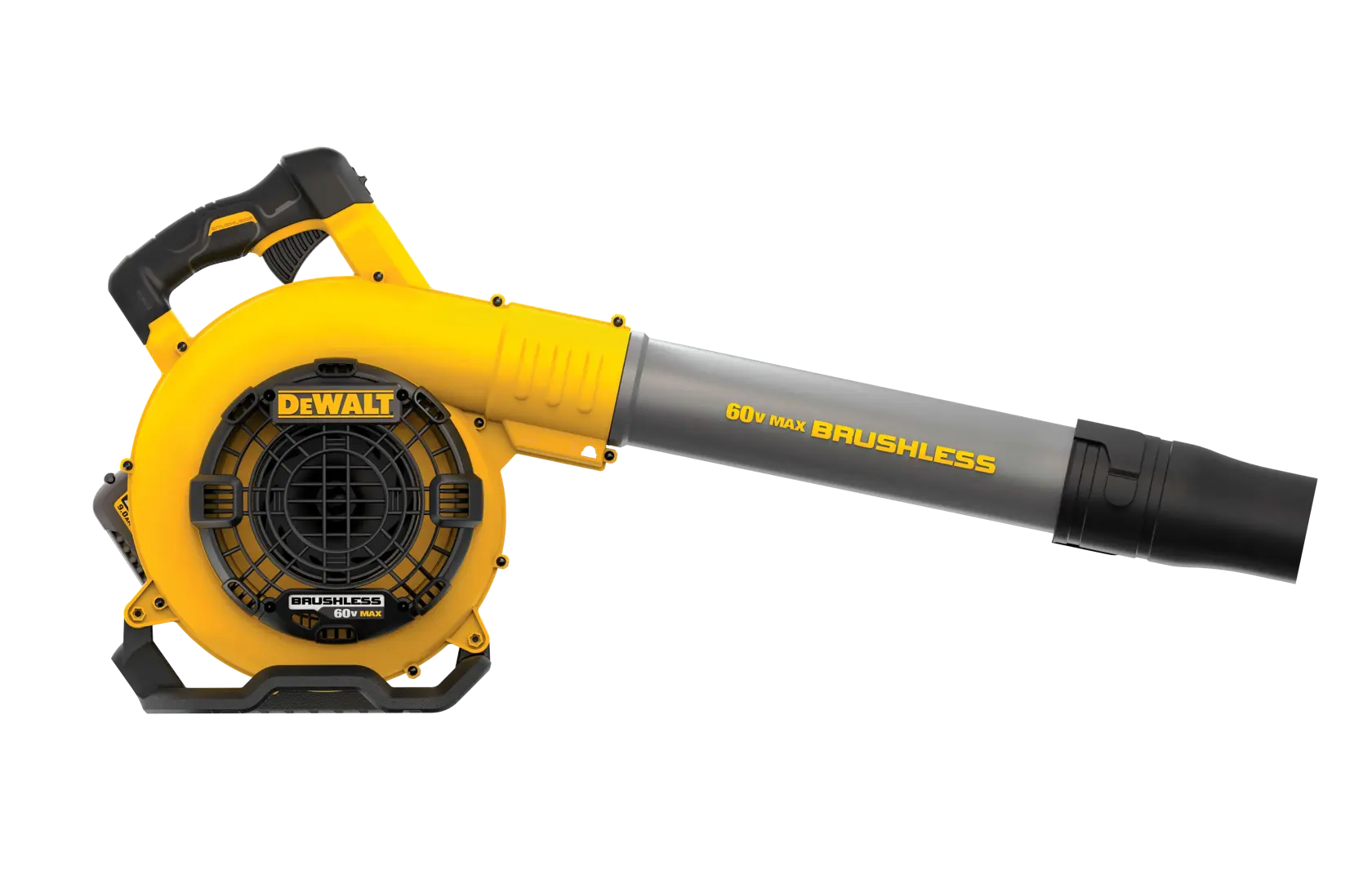 A DEWALT 60V MAX brushless cordless leaf blower, featuring a yellow and black design with a long nozzle and ergonomic handle.