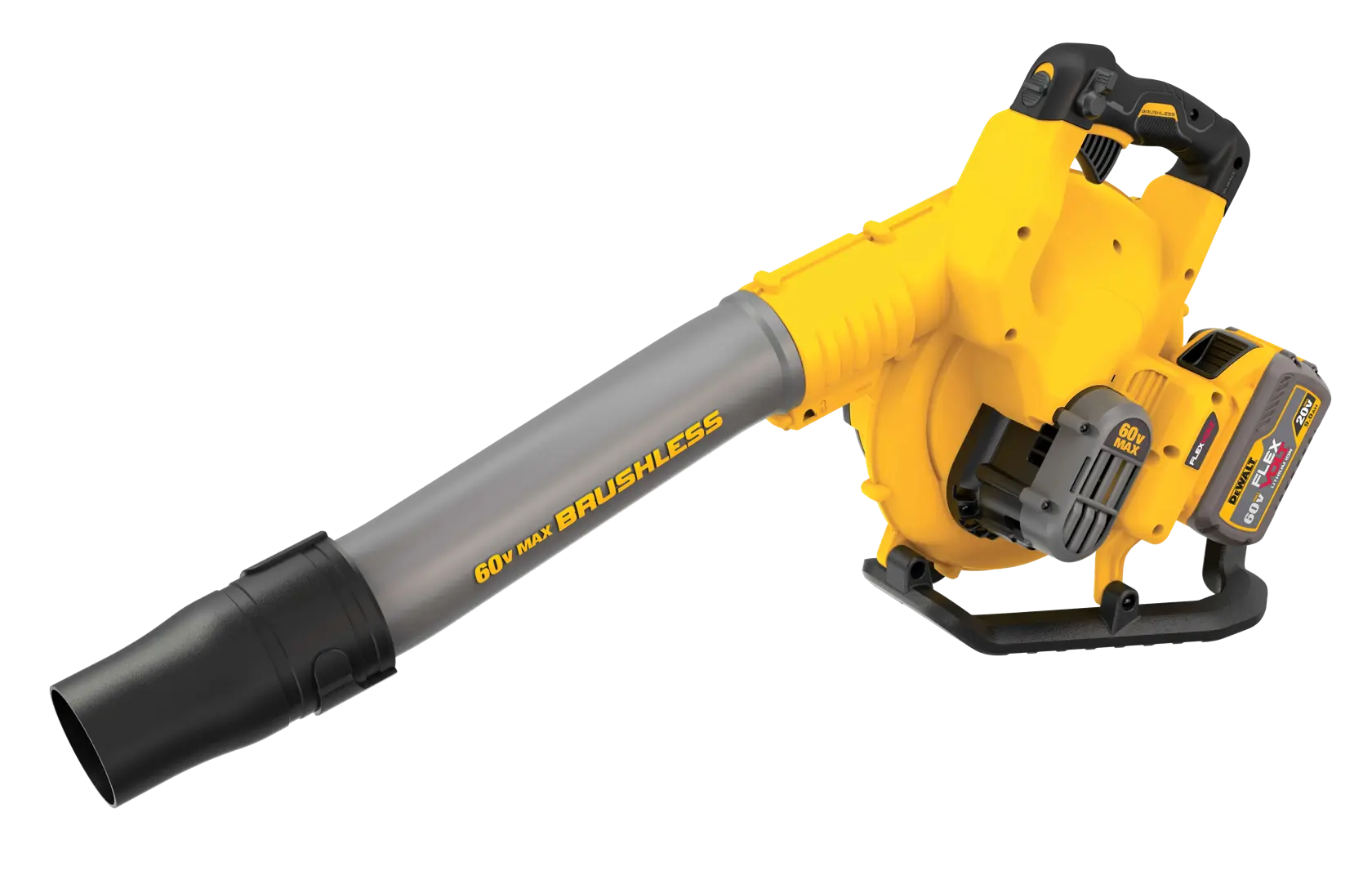 A DEWALT 60V Max Brushless cordless leaf blower with a yellow and black design, featuring a long grey nozzle and an attached battery pack.