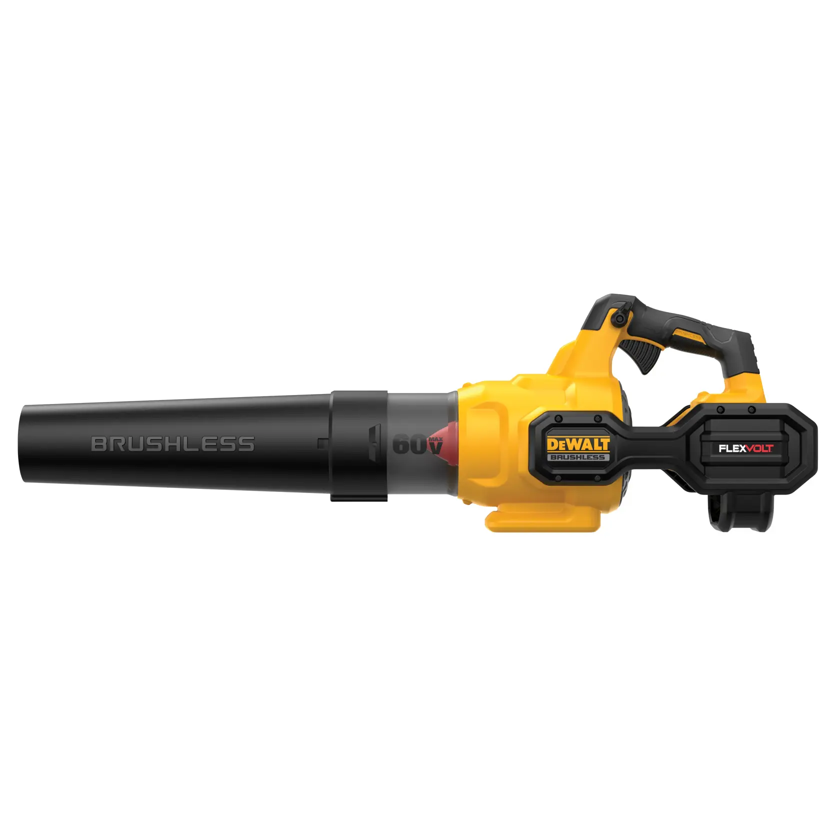 A DEWALT FLEXVOLT 60V brushless cordless leaf blower in yellow and black, shown from the side.