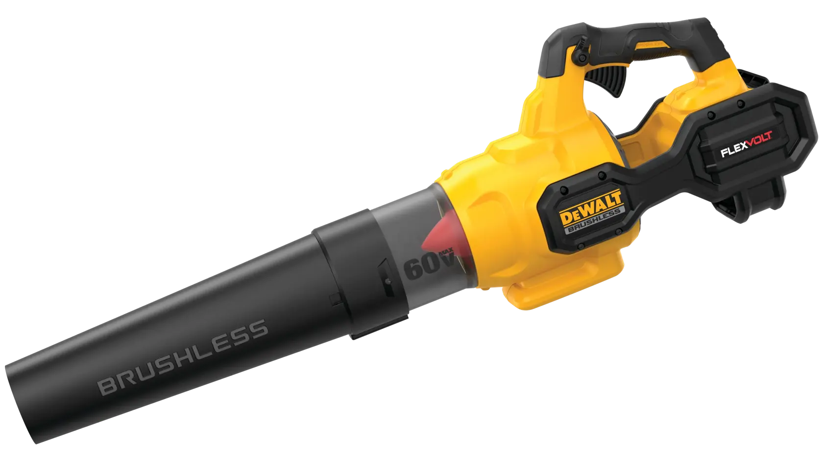A DEWALT 60V FLEXVOLT brushless cordless leaf blower with a yellow and black body, ergonomic handle, and visible battery compartment.